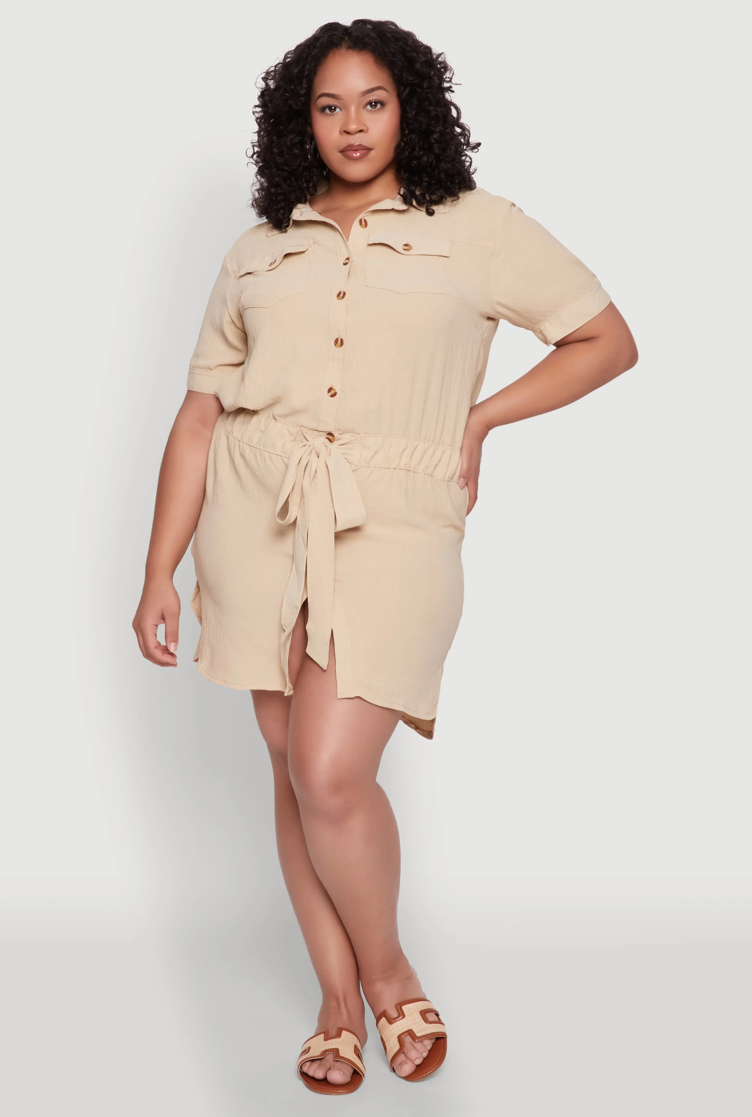 Plus Size Button Front Tie Waist Shirt Dress sold by Rainbow product image thumbnail 2
