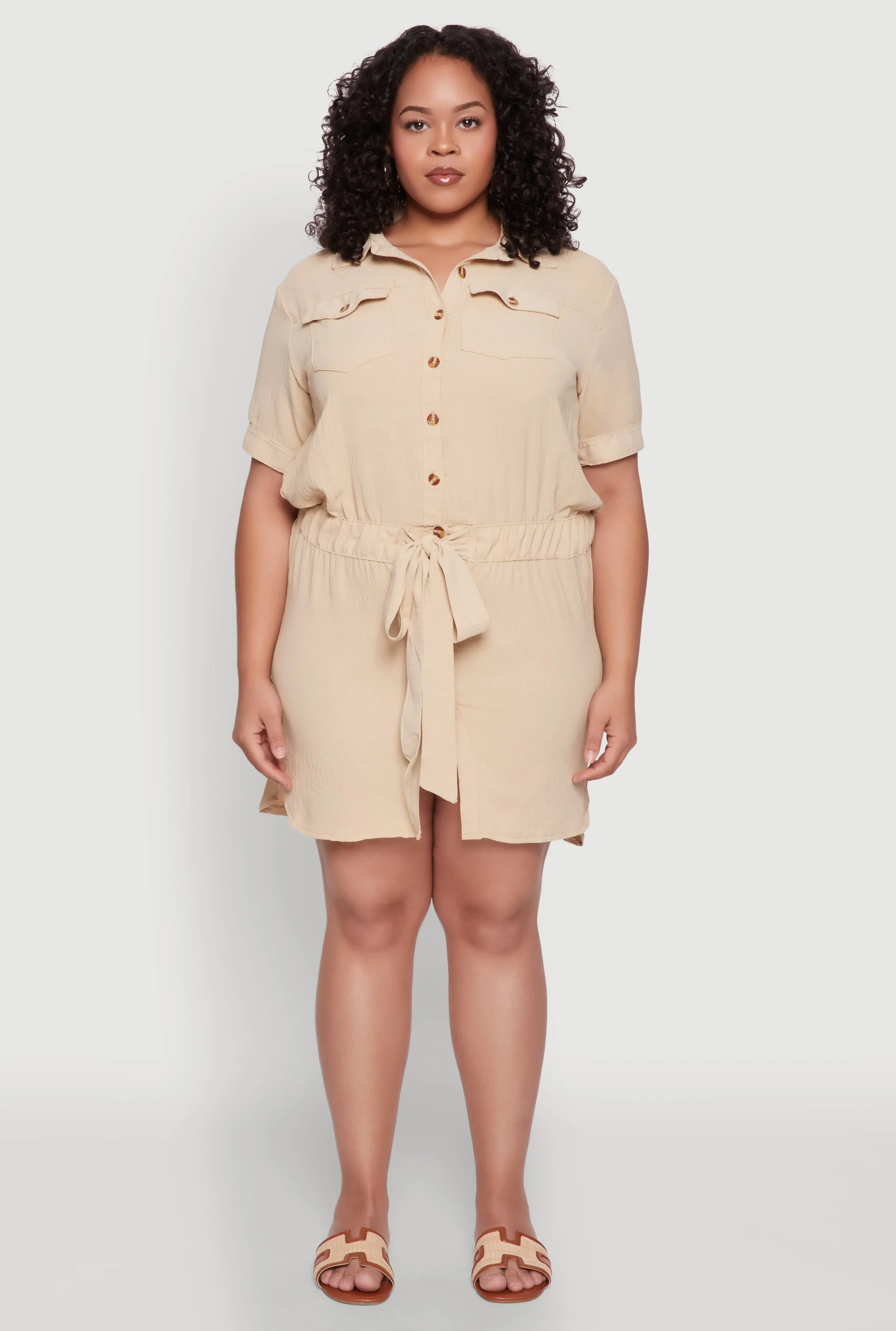 Plus Size Button Front Tie Waist Shirt Dress sold by Rainbow