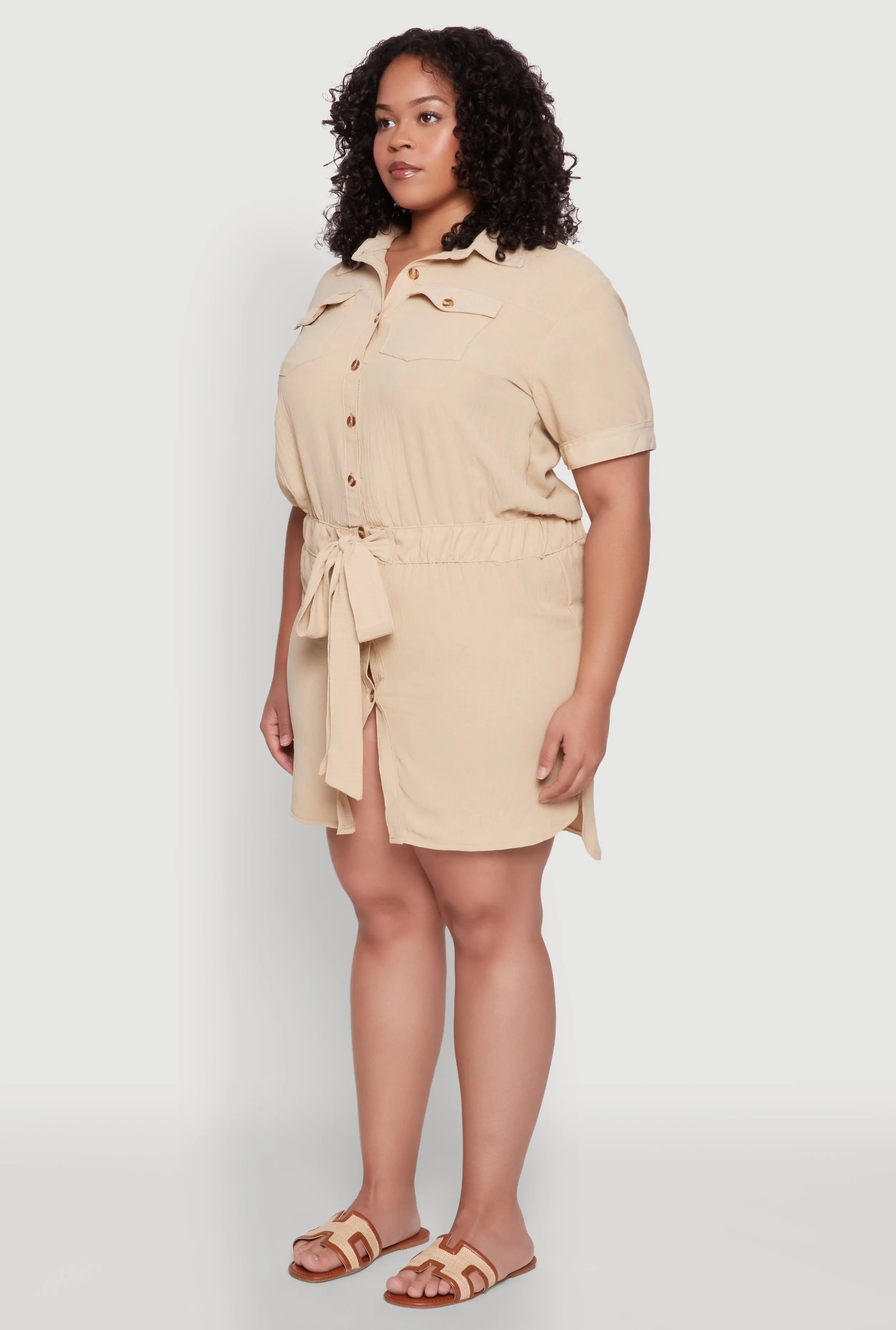 Plus Size Button Front Tie Waist Shirt Dress sold by Rainbow product image thumbnail 3