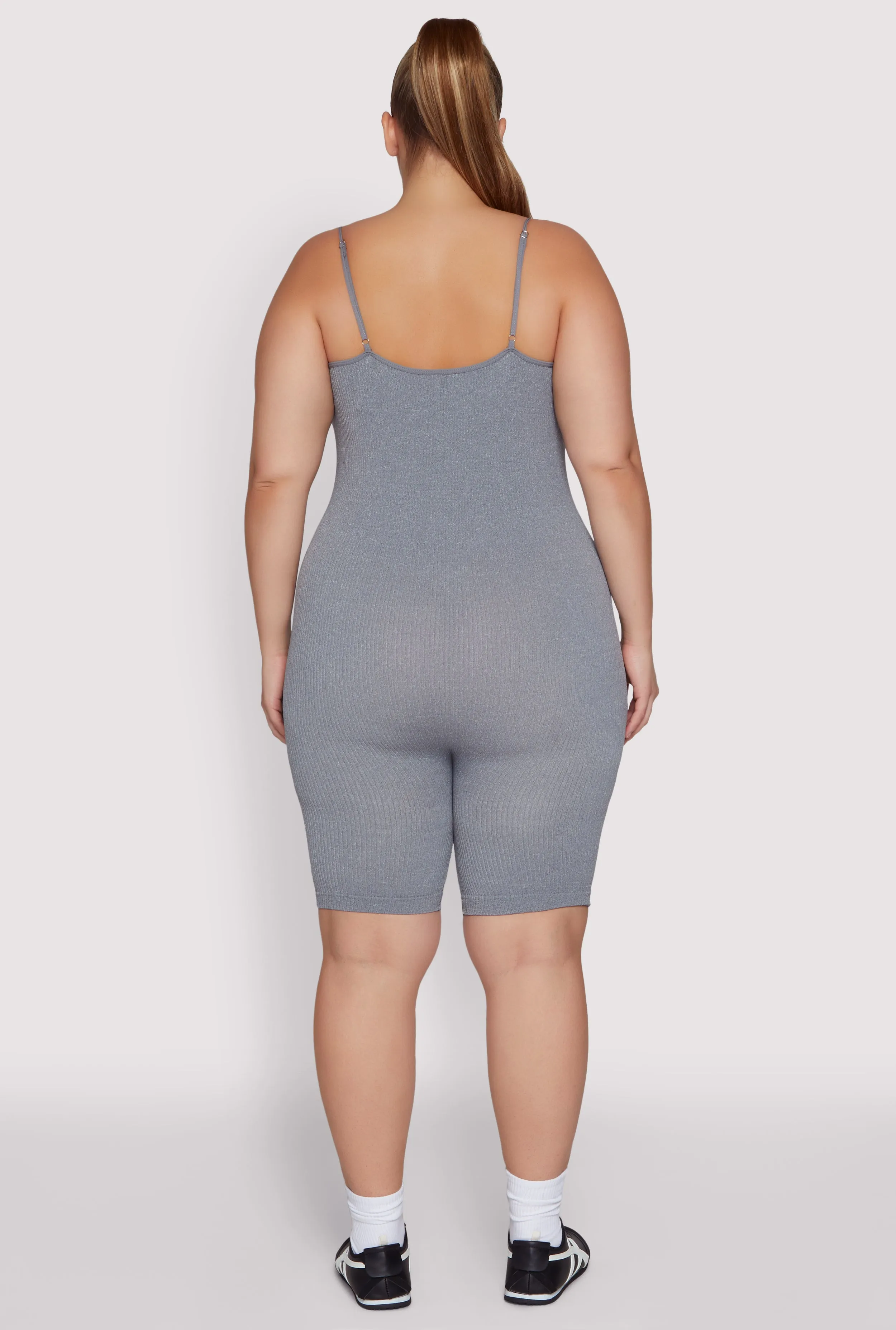 Plus Size Ribbed Knit Notch Neck Cami Romper sold by Rainbow product image thumbnail 5