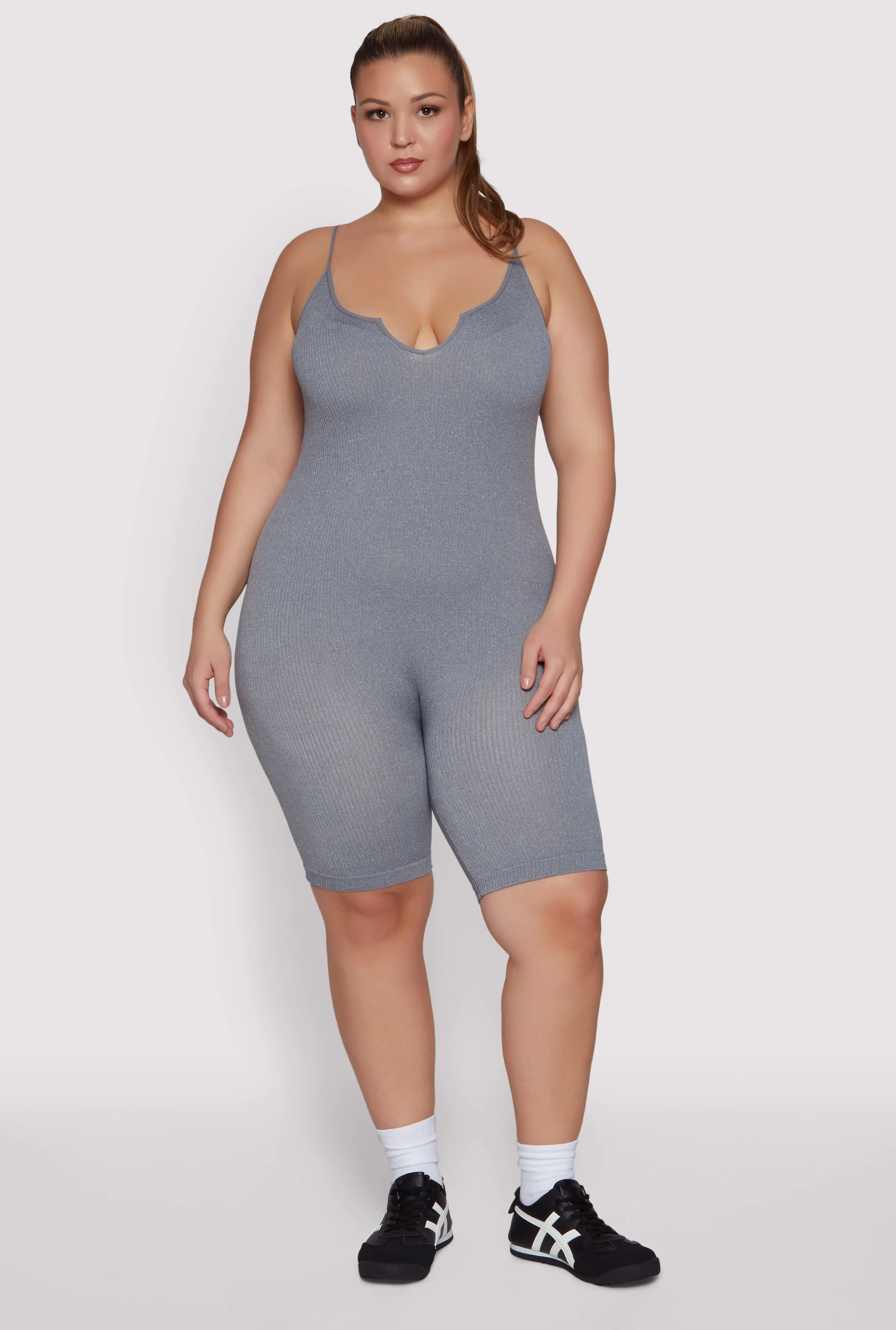 Plus Size Ribbed Knit Notch Neck Cami Romper sold by Rainbow product image thumbnail 2