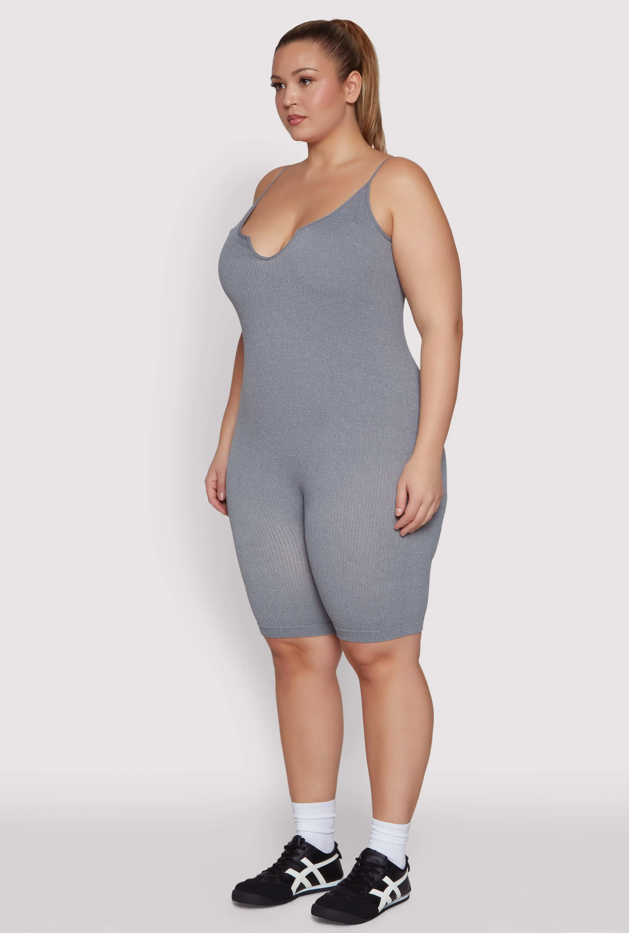 Plus Size Ribbed Knit Notch Neck Cami Romper sold by Rainbow product image thumbnail 3