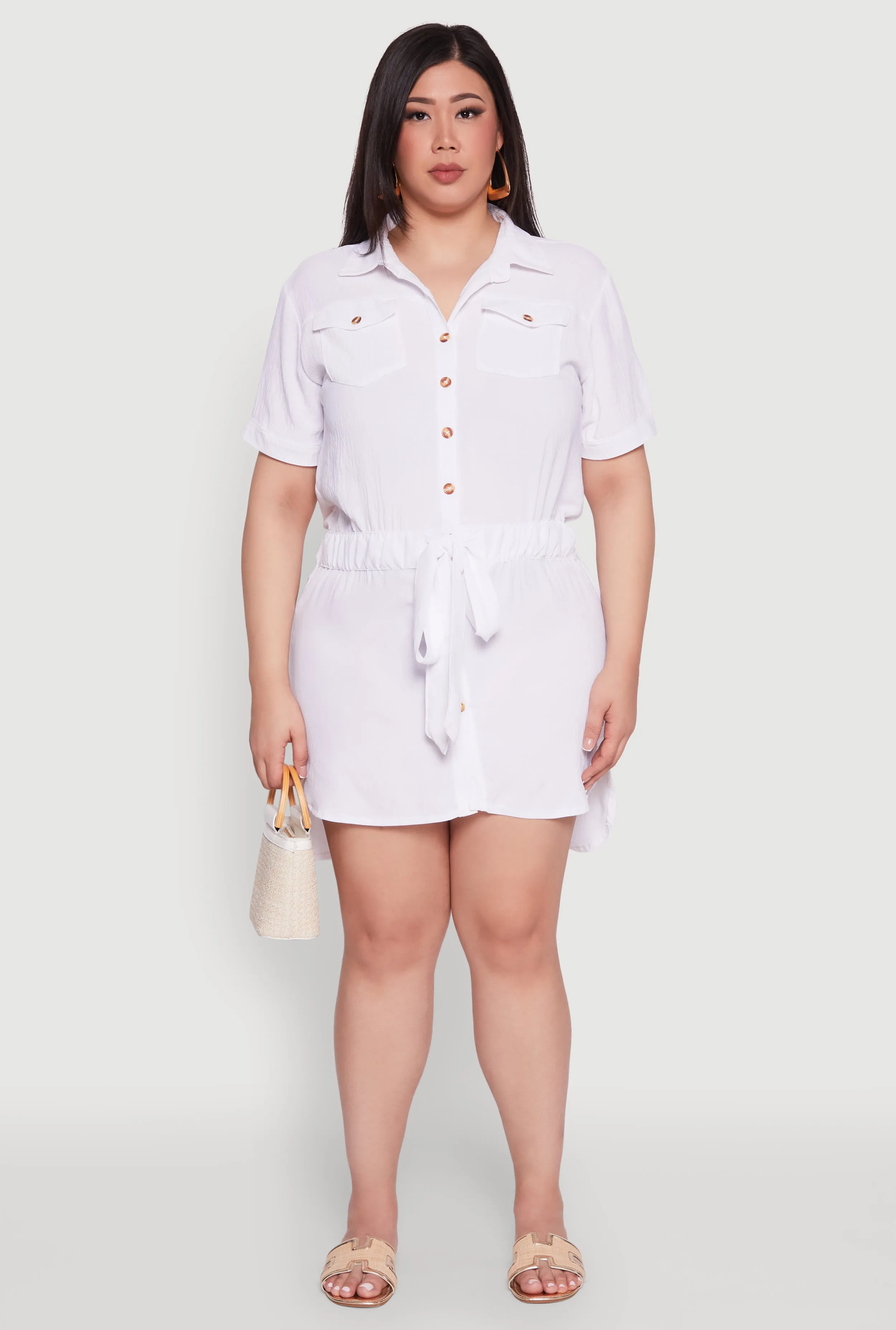 Plus Size Button Front Tie Waist Shirt Dress sold by Rainbow