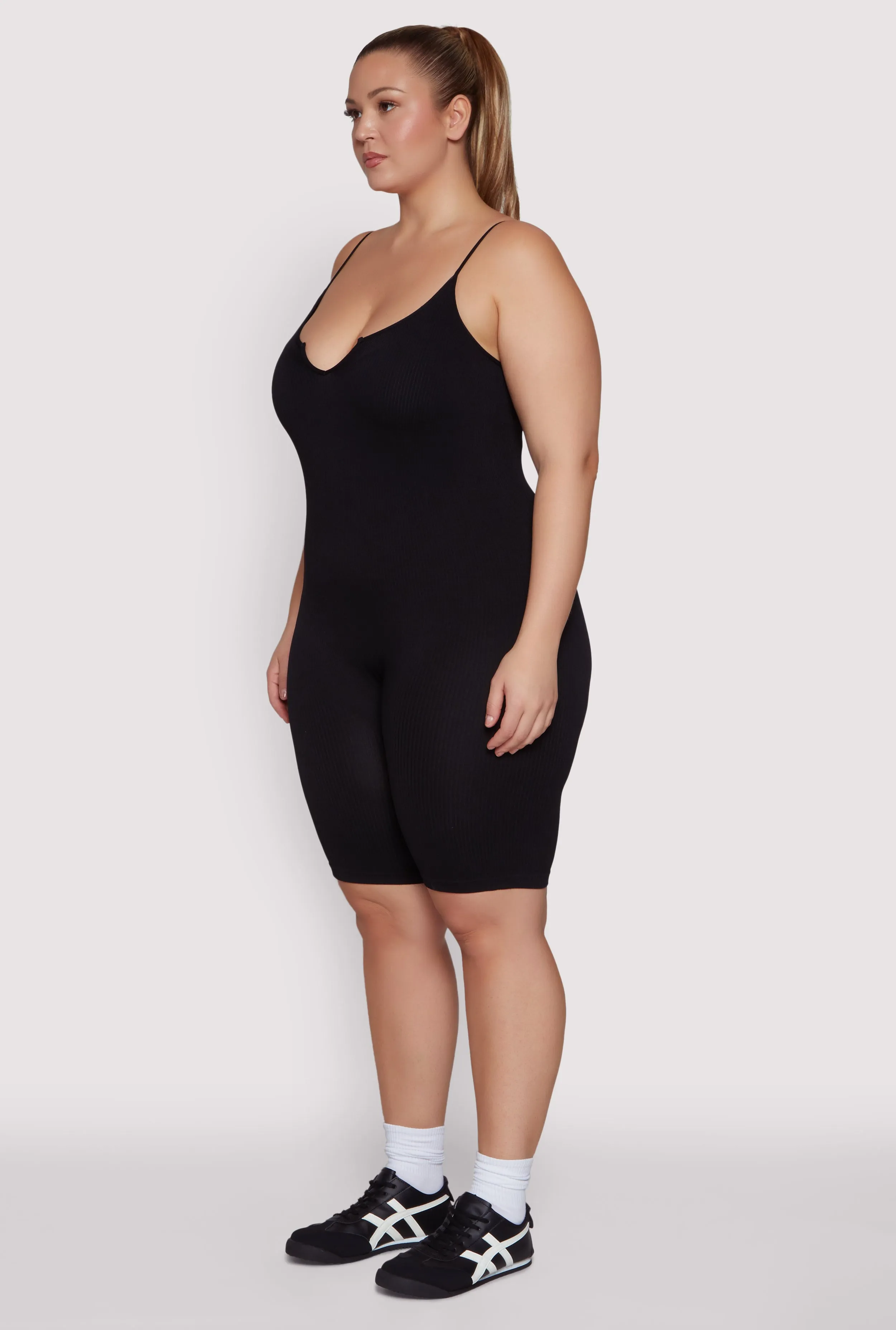 Plus Size Ribbed Knit Notch Neck Cami Romper sold by Rainbow product image thumbnail 3