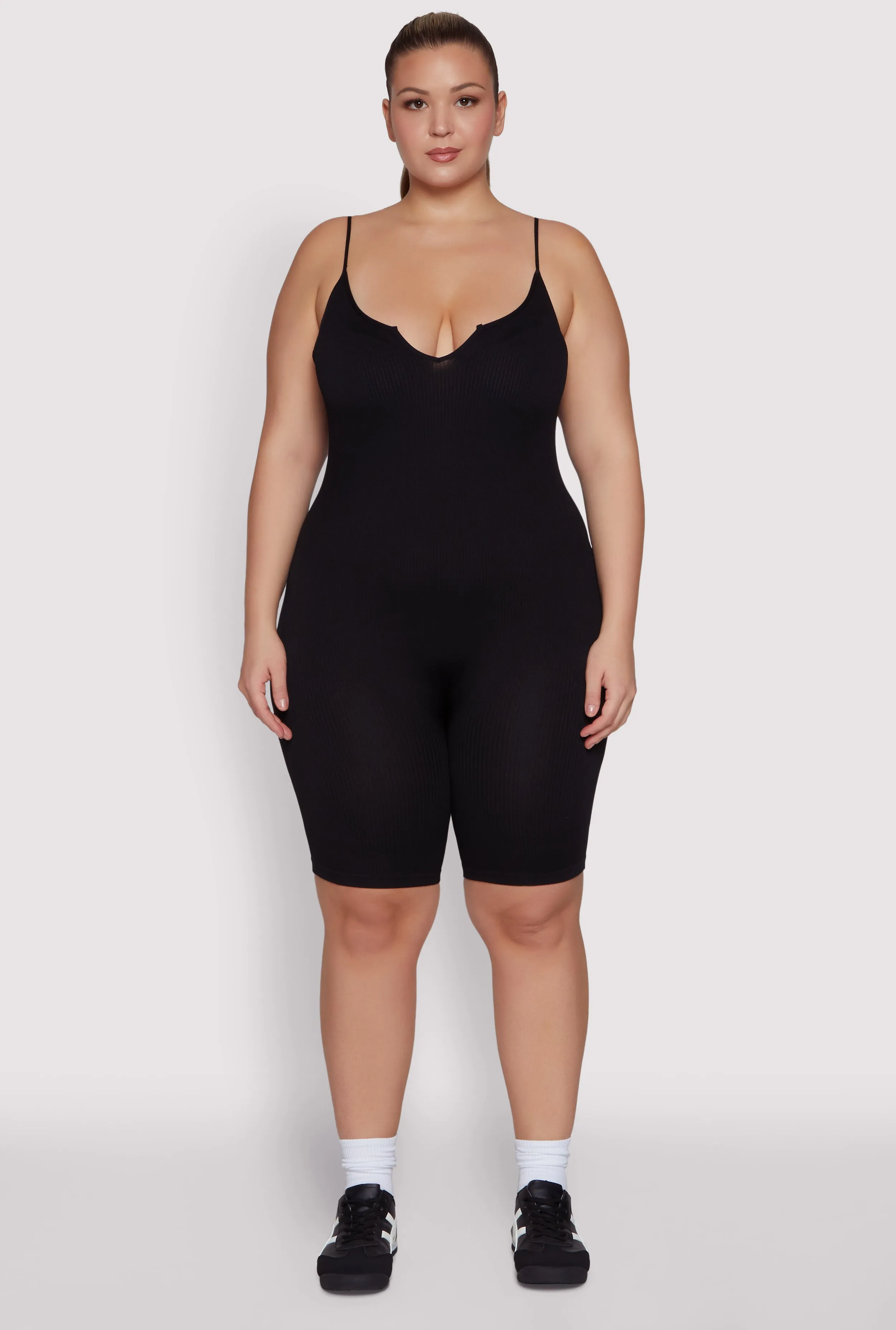 Plus Size Ribbed Knit Notch Neck Cami Romper sold by Rainbow