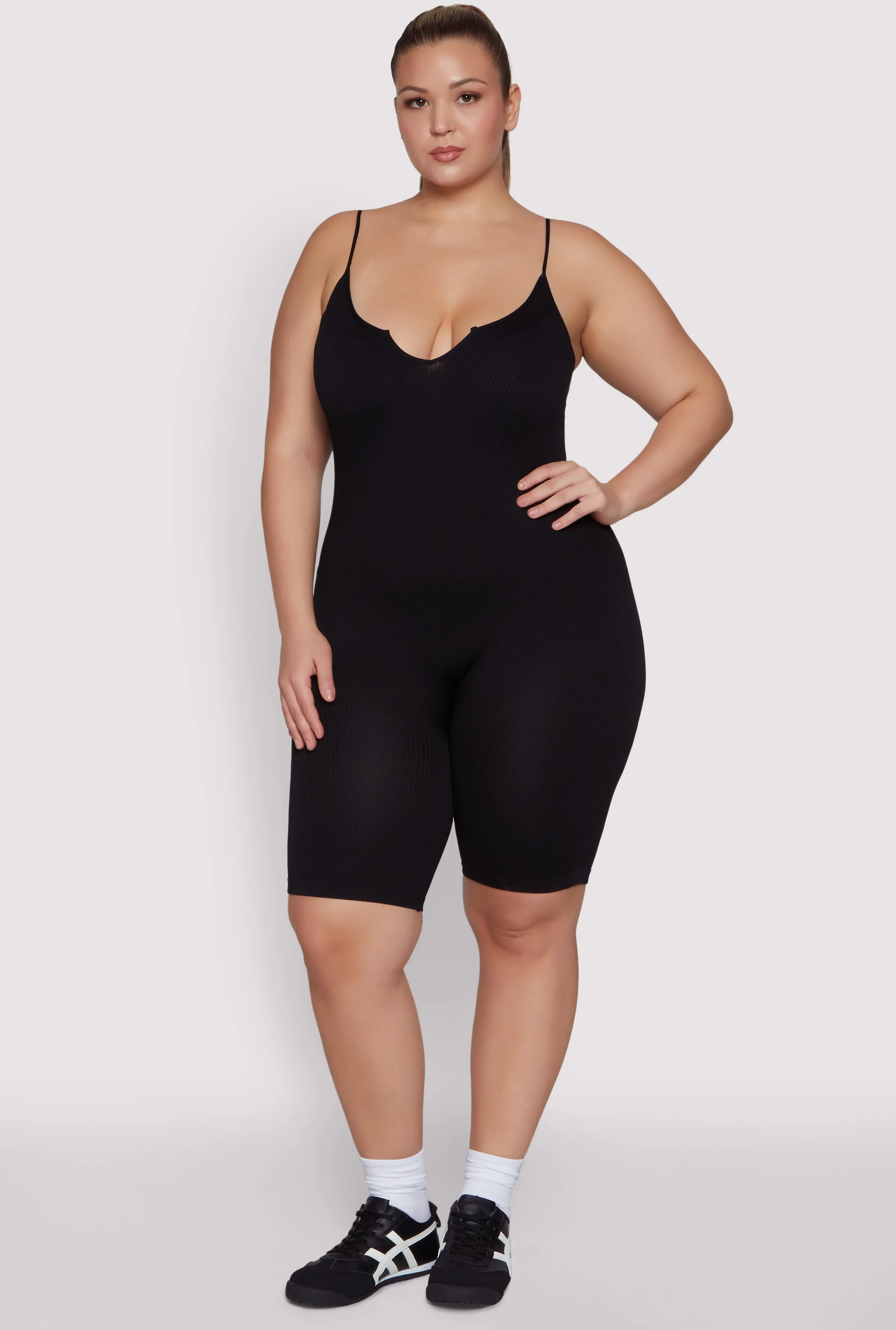 Plus Size Ribbed Knit Notch Neck Cami Romper sold by Rainbow product image thumbnail 2