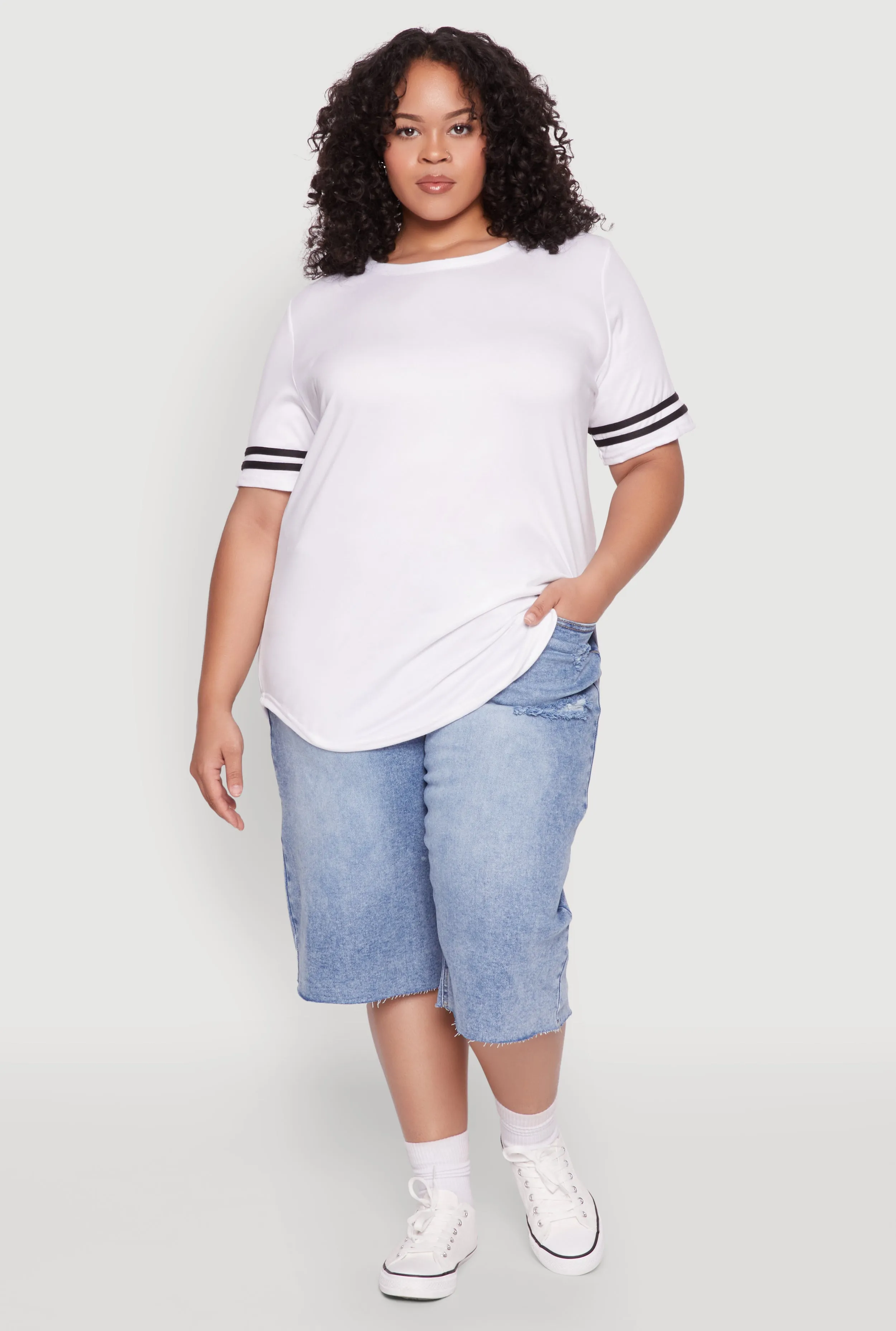 Plus Size Varsity Stripe Sleeve Tee sold by Rainbow