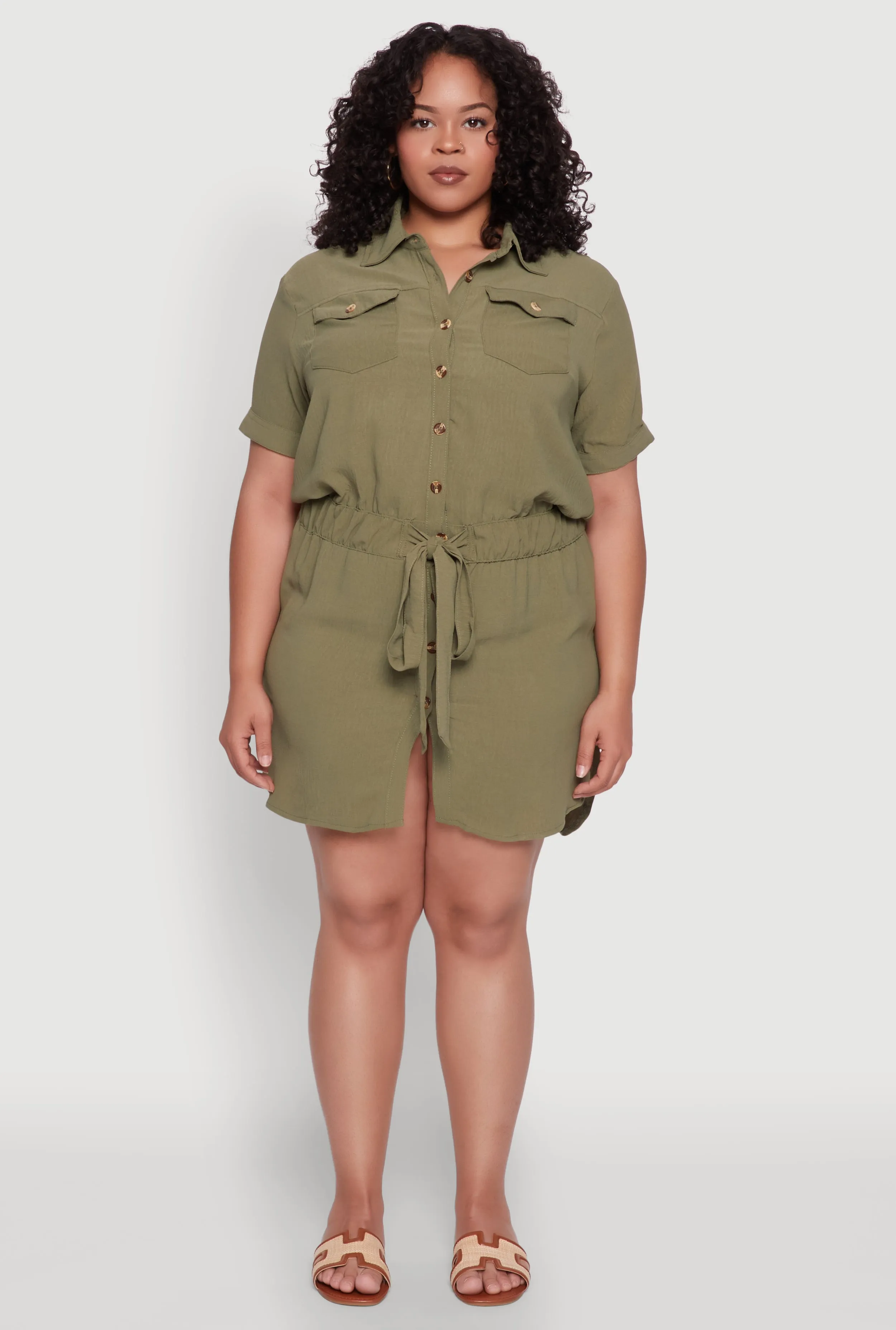 Plus Size Button Front Tie Waist Shirt Dress sold by Rainbow product image thumbnail 2