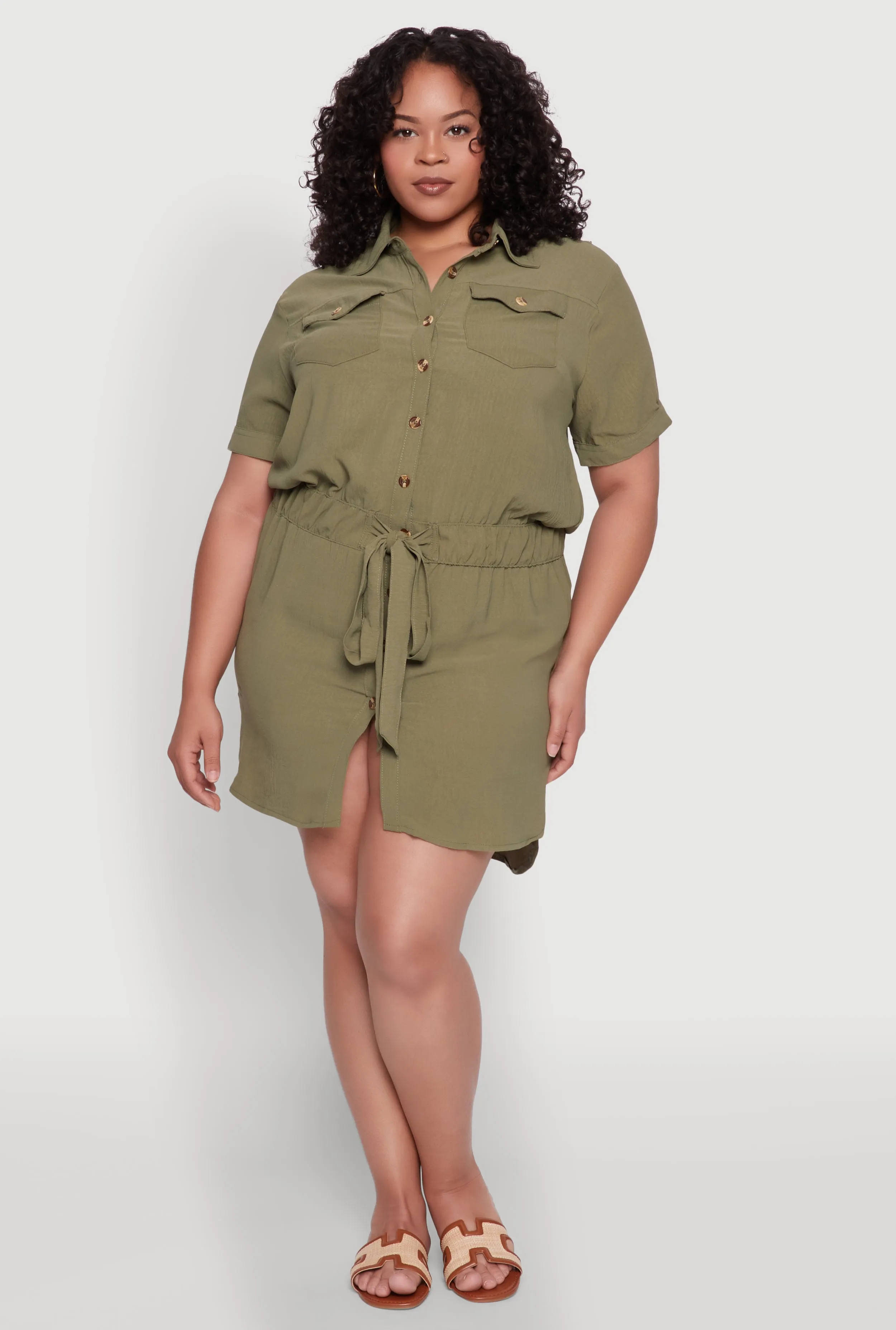 Plus Size Button Front Tie Waist Shirt Dress sold by Rainbow