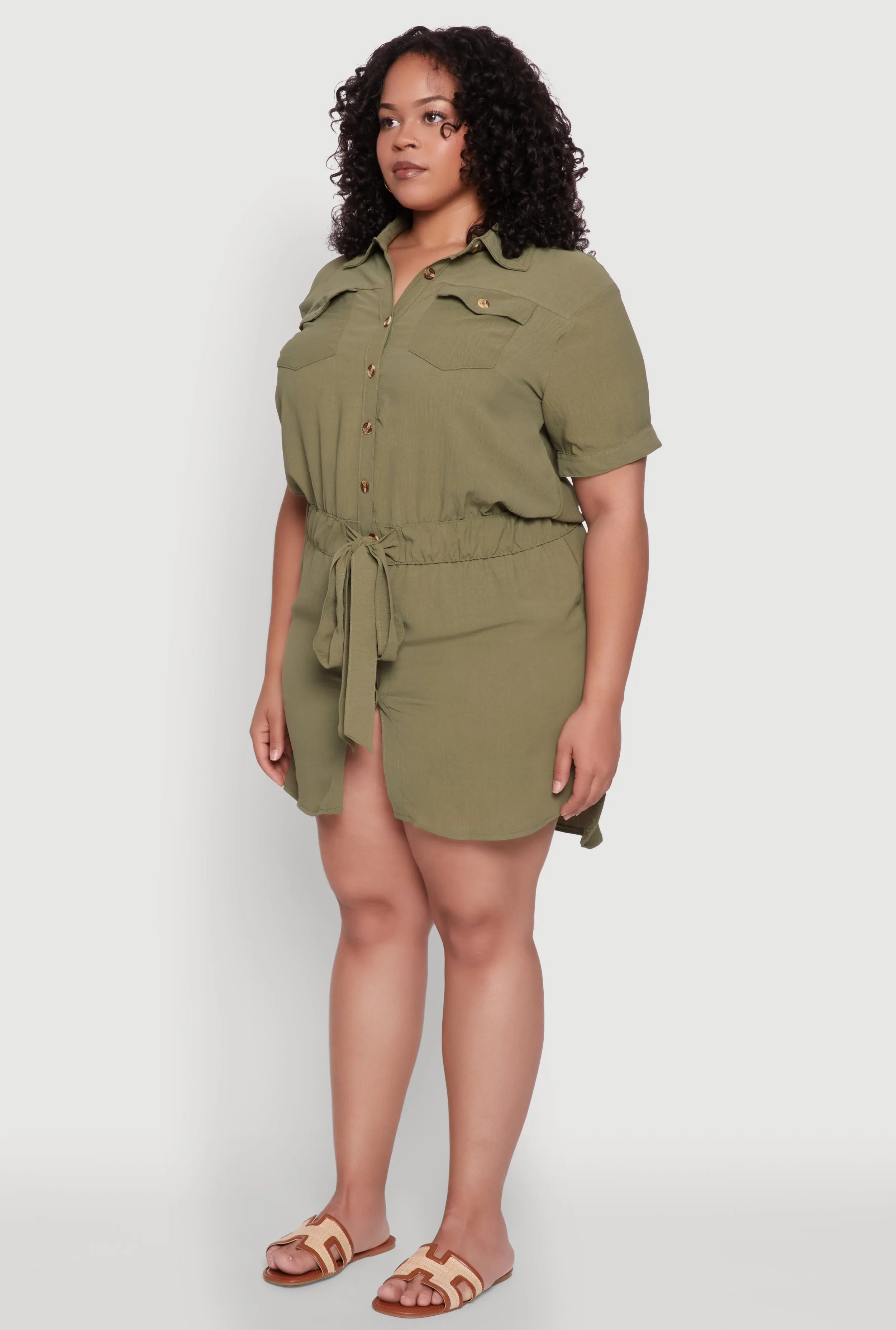 Plus Size Button Front Tie Waist Shirt Dress sold by Rainbow product image thumbnail 3