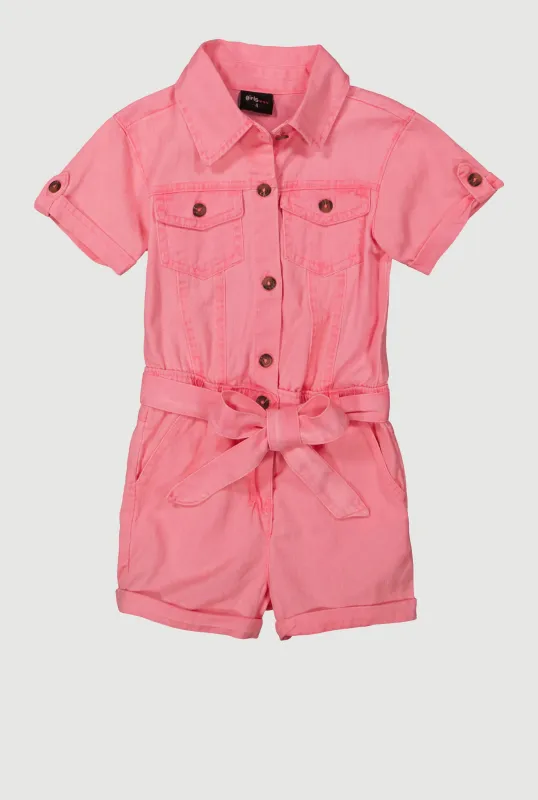 Little Girls Button Front Tie Waist Romper sold by Rainbow