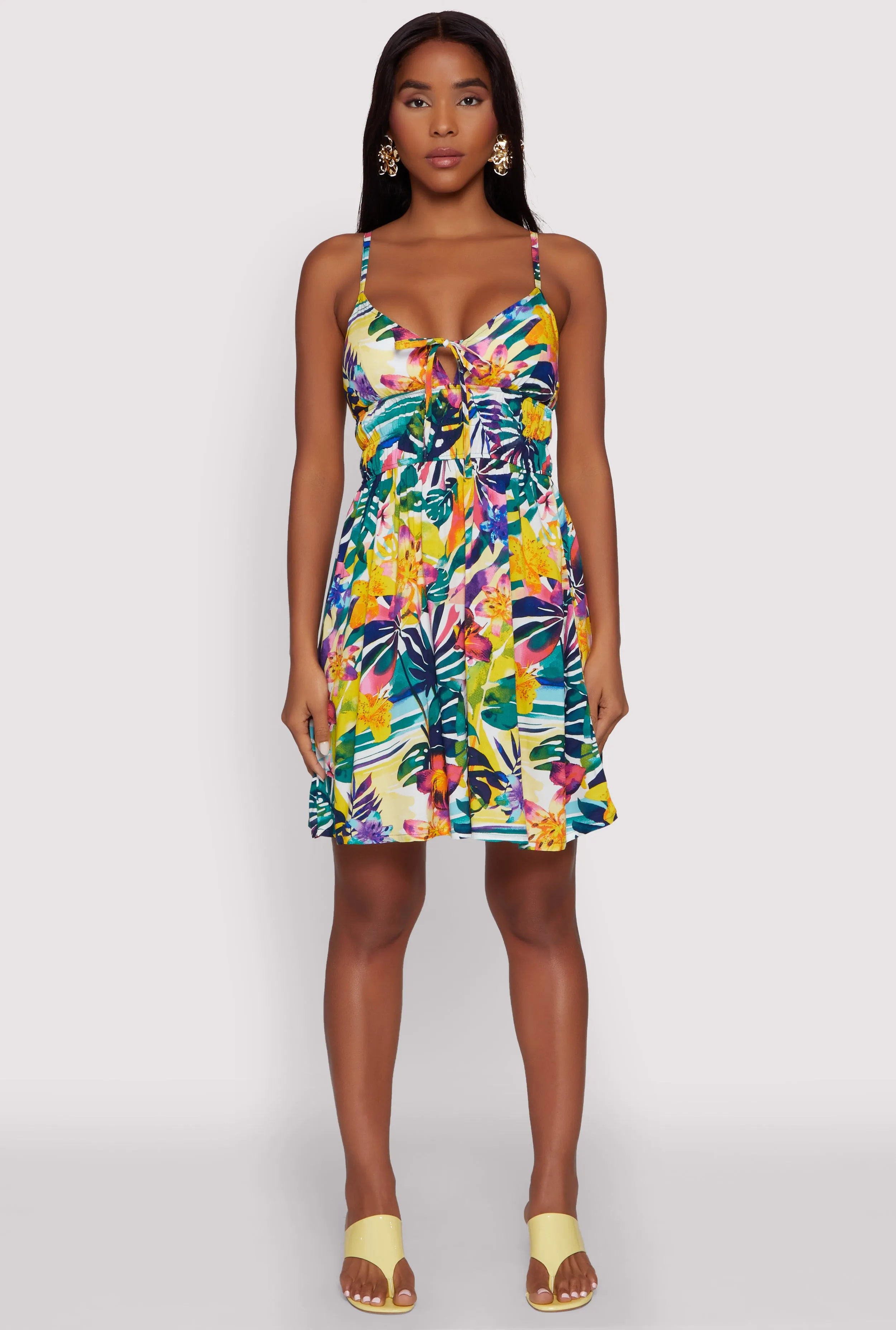 Leaf Print Empire Waist Mini Dress sold by Rainbow