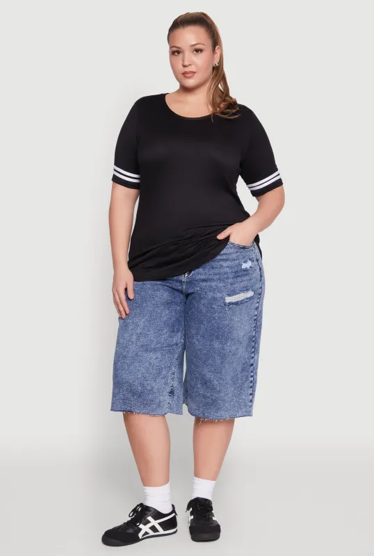 Plus Size Varsity Stripe Sleeve Tee made by Rainbow