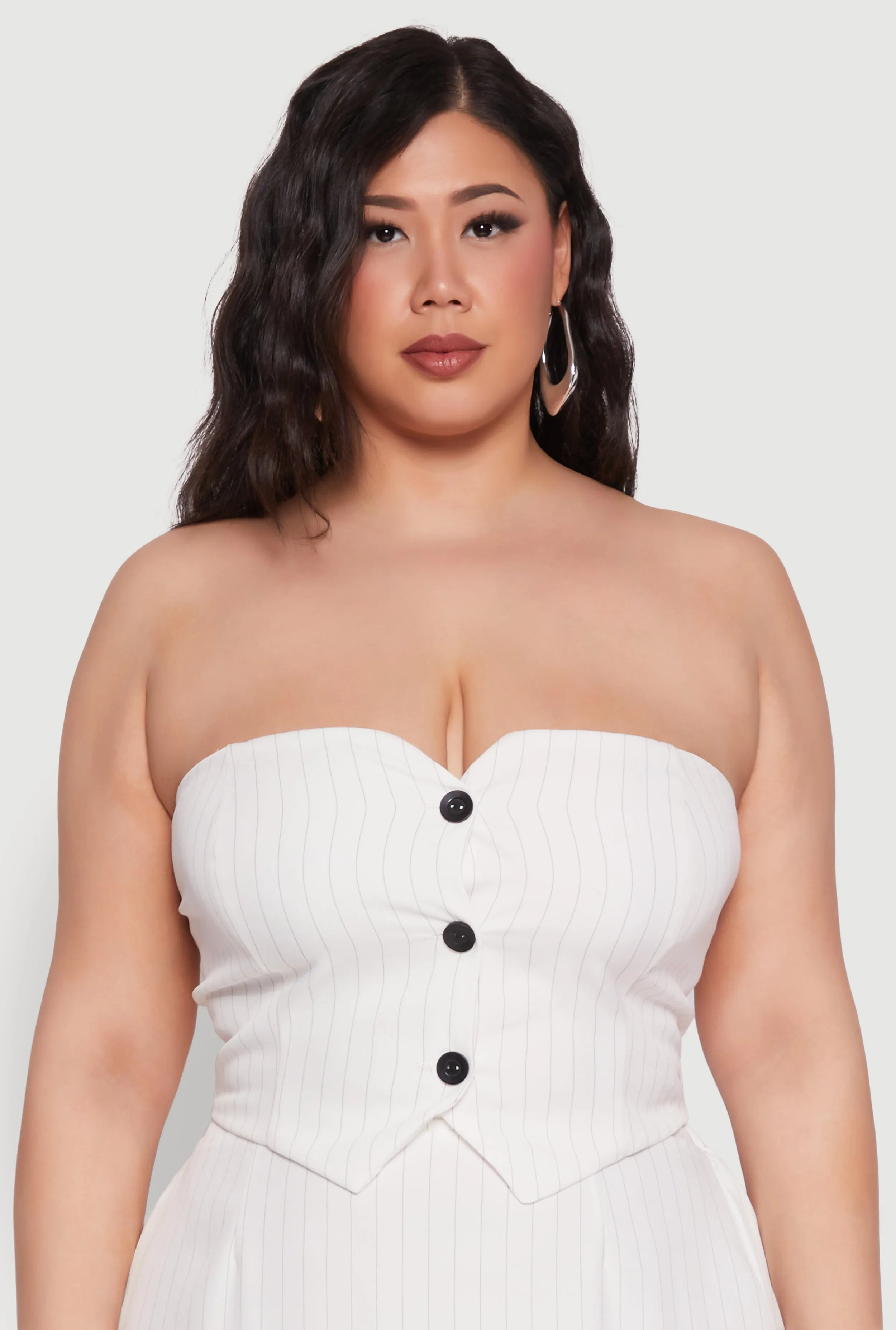 Plus Size Pinstripe Button Front Strapless Top sold by Rainbow