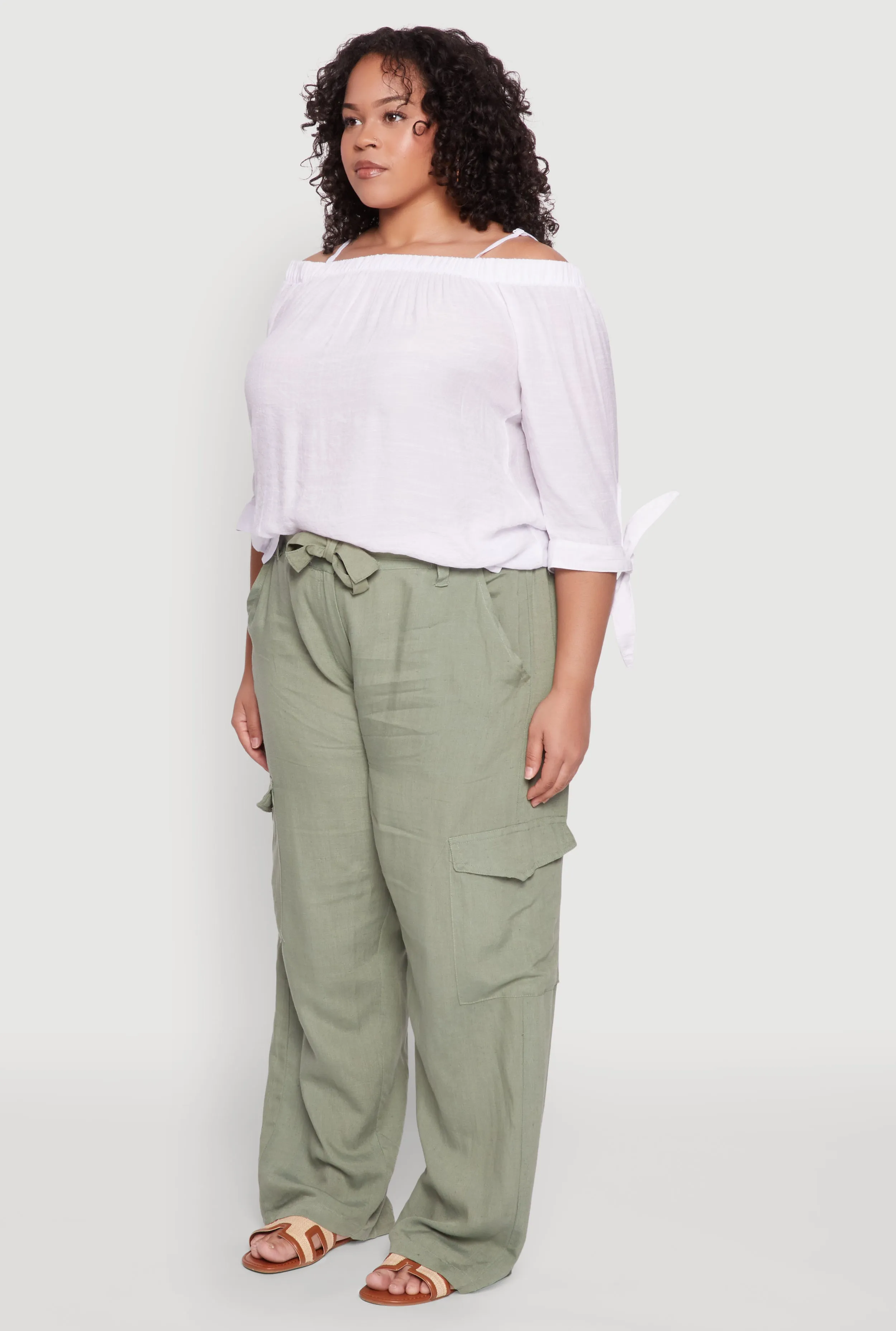 Plus Size Linen Tie Waist Belted Cargo Pants sold by Rainbow product image thumbnail 3