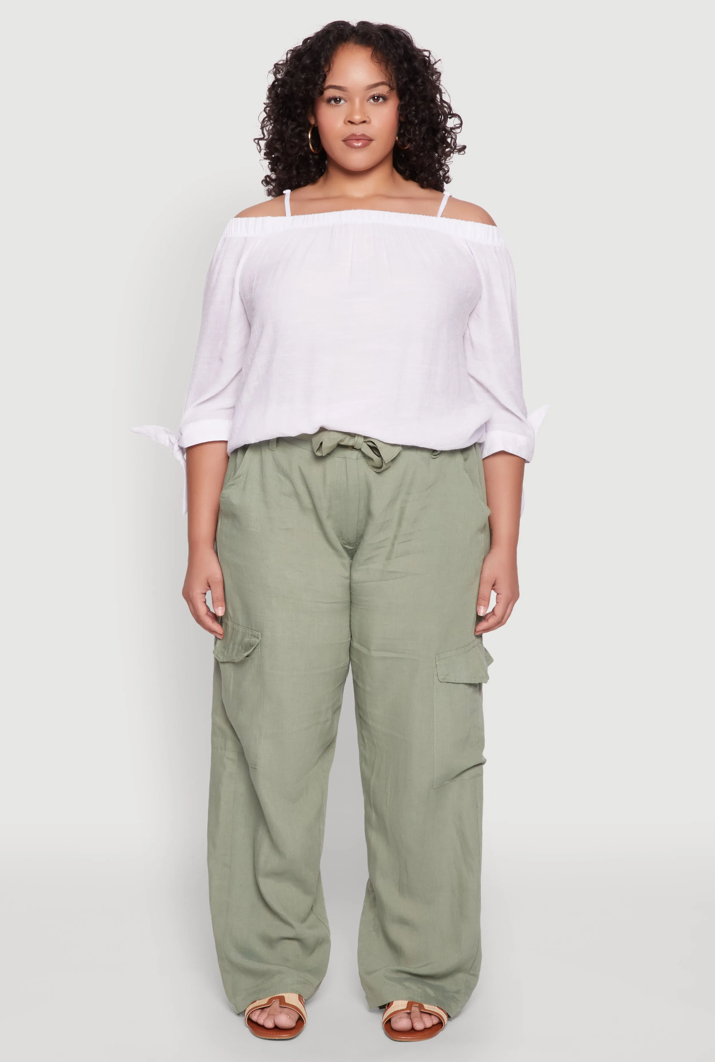 Plus Size Linen Tie Waist Belted Cargo Pants sold by Rainbow product image thumbnail 2