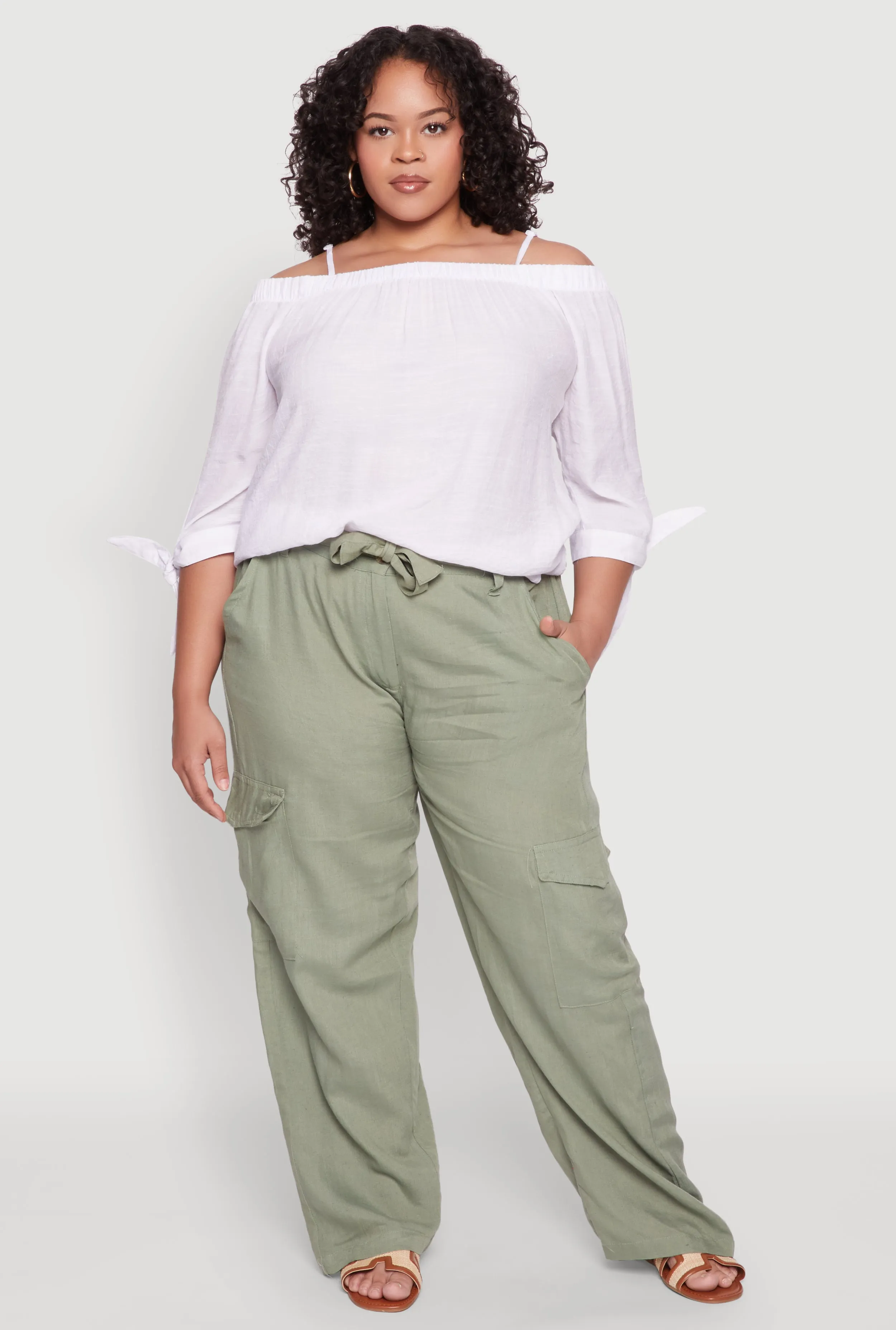 Plus Size Linen Tie Waist Belted Cargo Pants sold by Rainbow