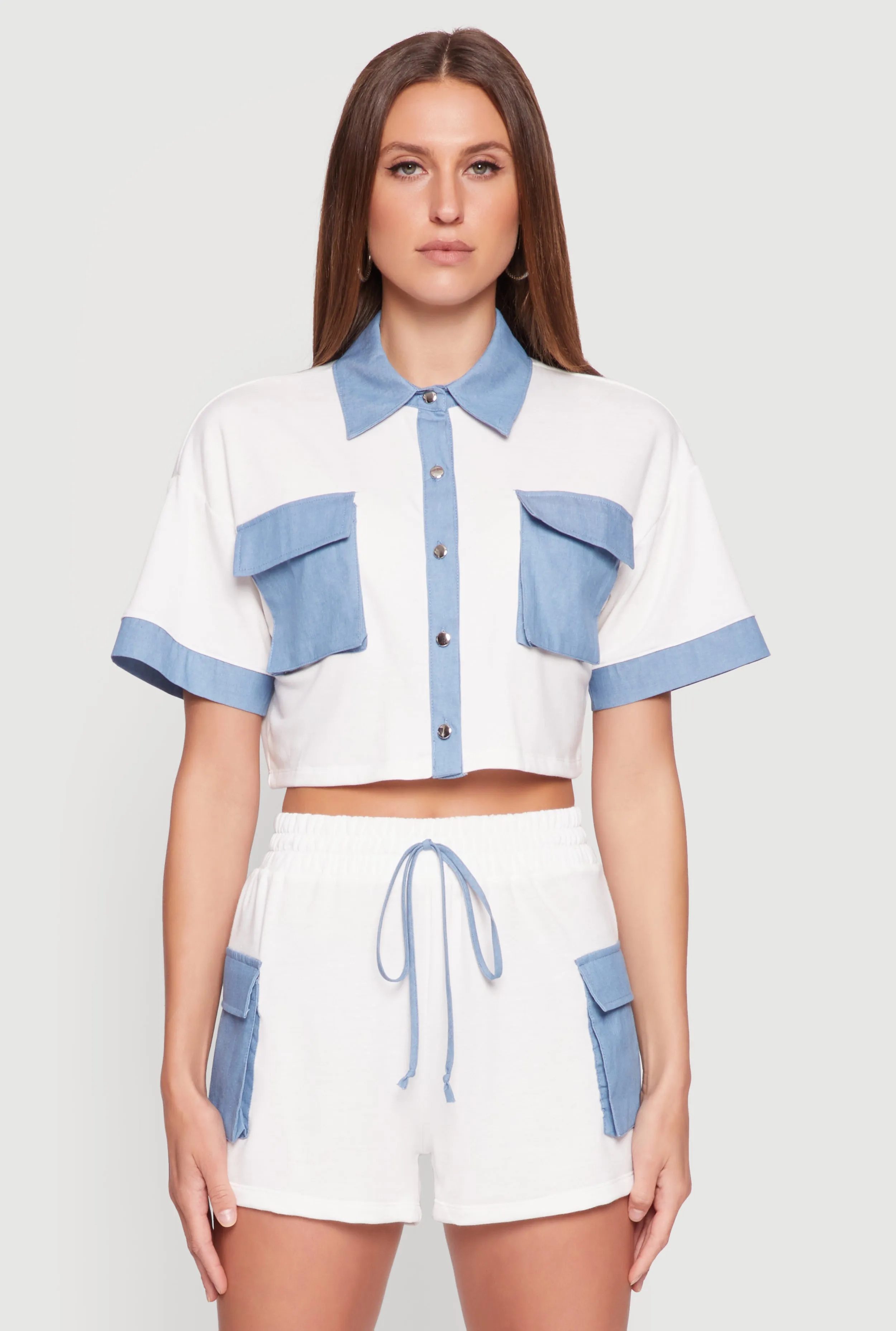 Chambray Detail Short Sleeve Crop Top sold by Rainbow