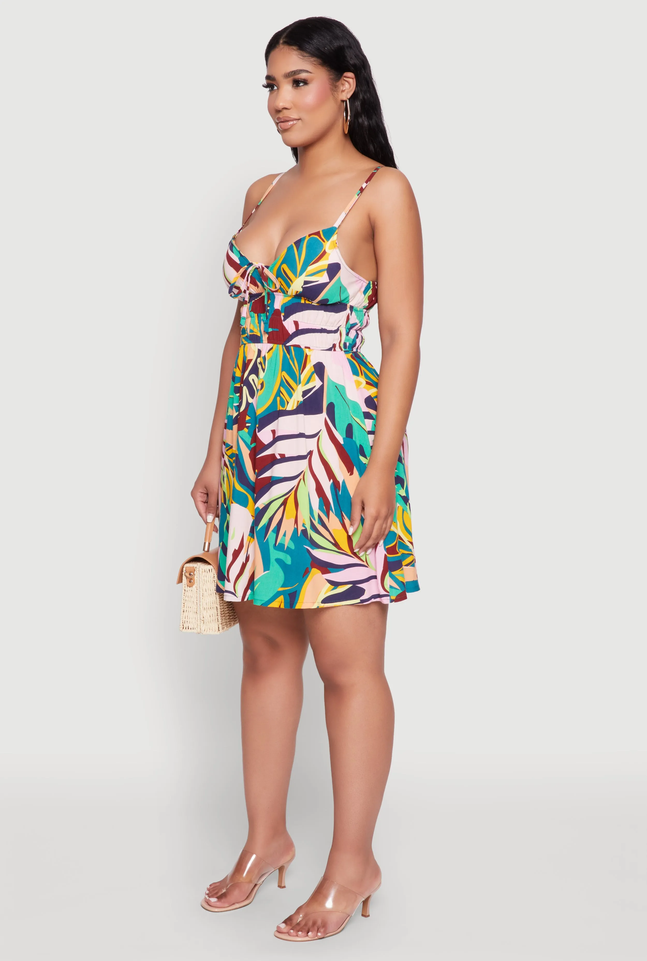 Color Block Leaf Print Tie Front Mini Dress sold by Rainbow product image thumbnail 3