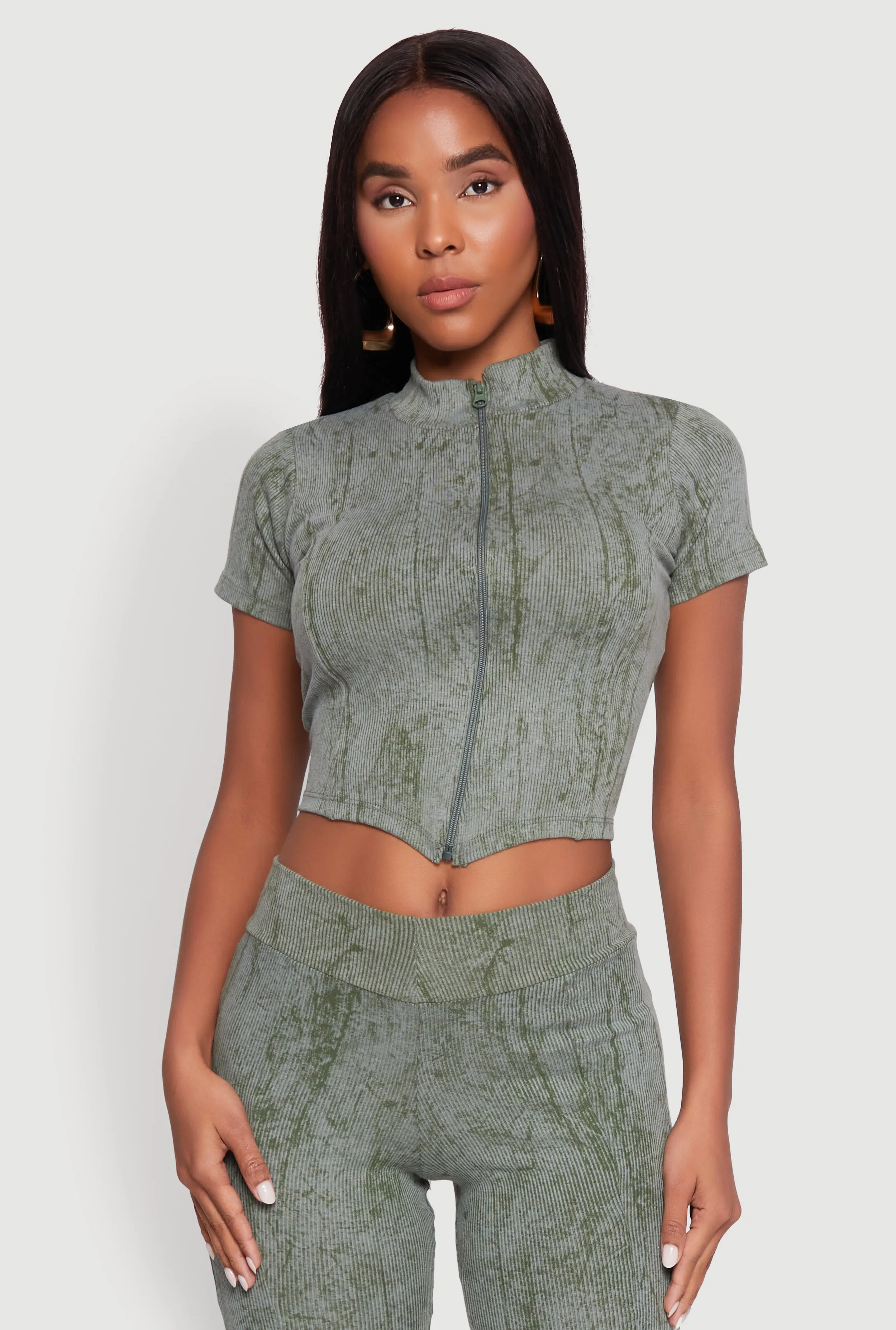 Ribbed Knit Mineral Wash Zip Front Top sold by Rainbow