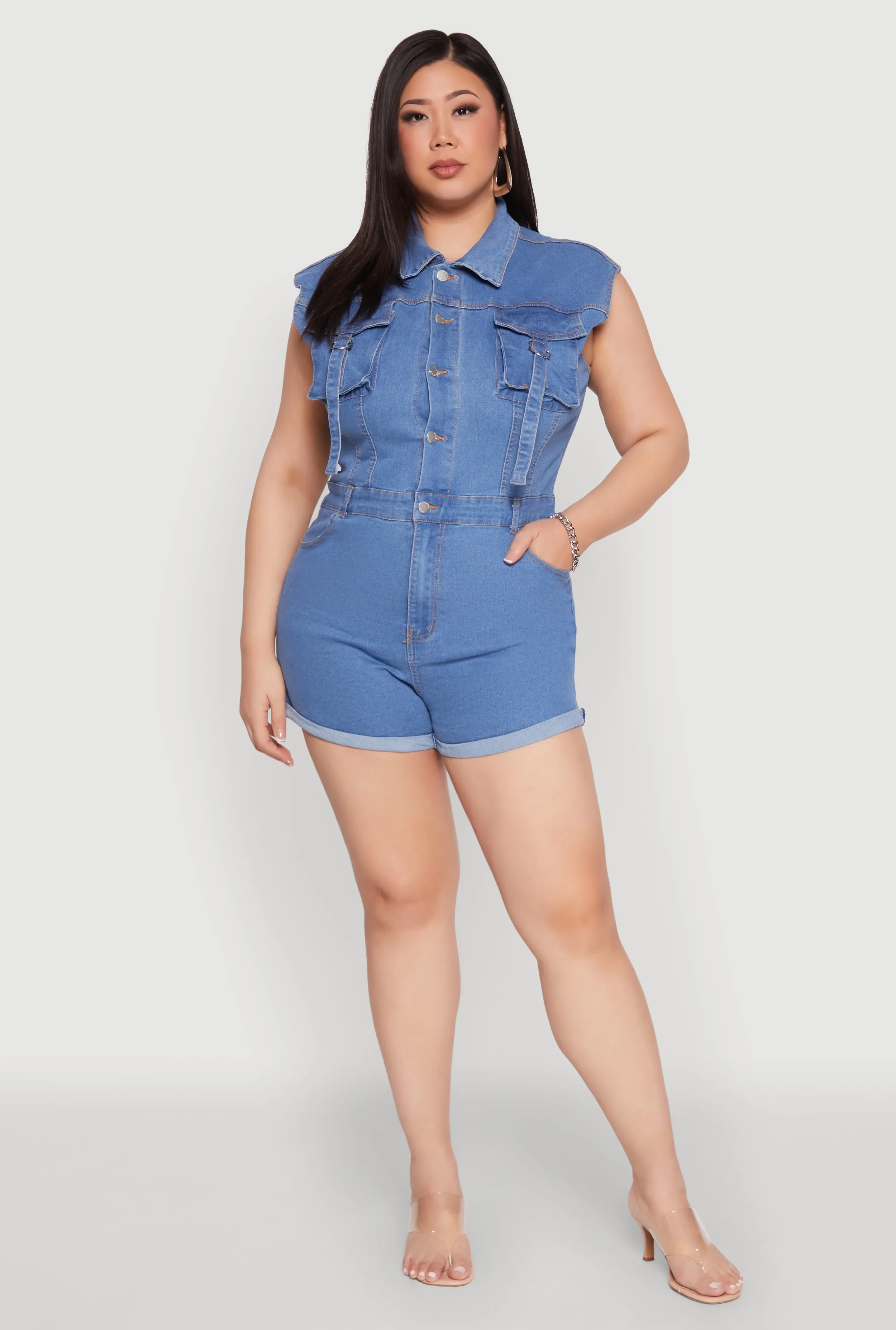 Plus Size Daisy Cargo Pocket Denim Romper sold by Rainbow