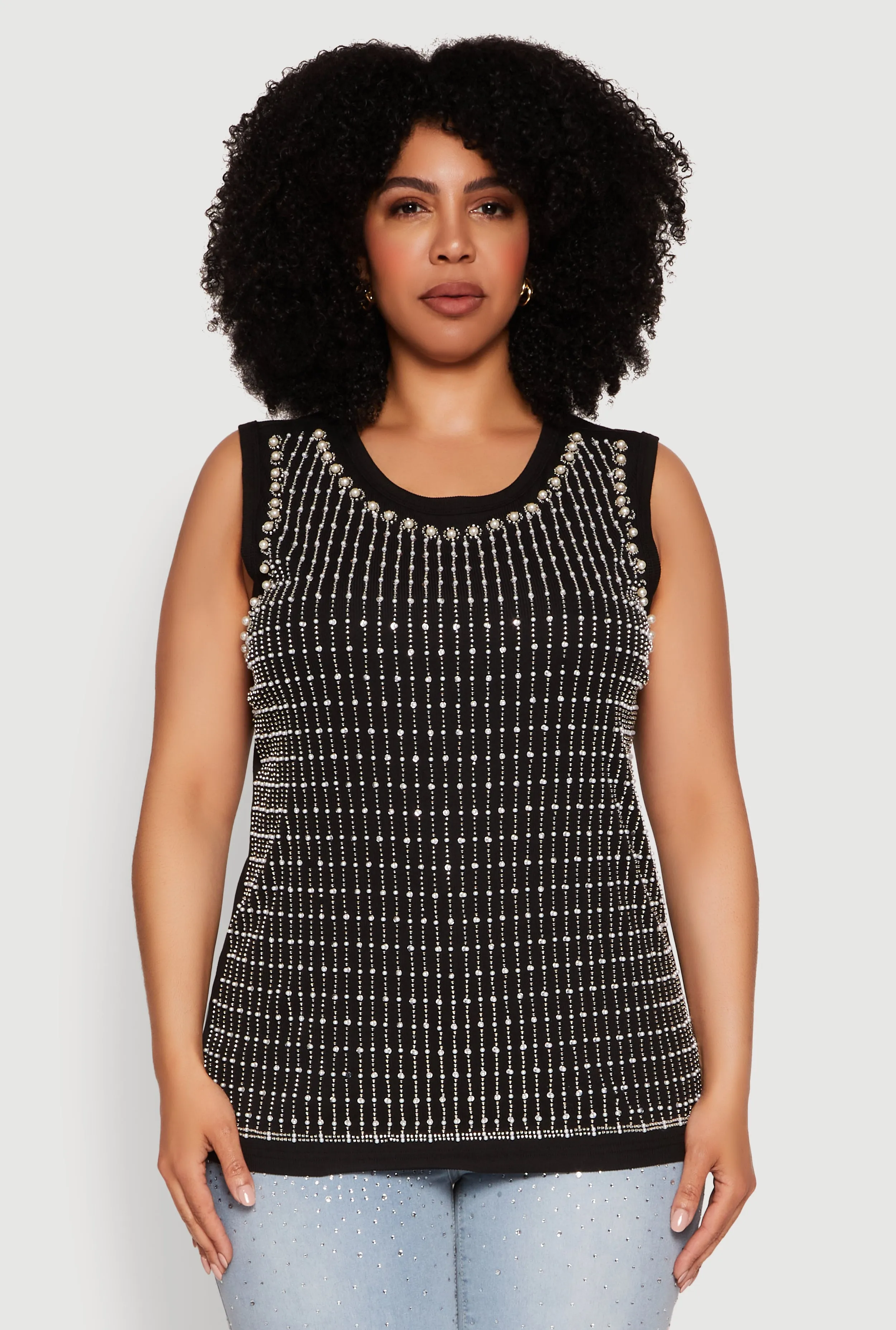 Plus Size Rhinestone Faux Pearl Studded Tank Top sold by Rainbow product image thumbnail 2