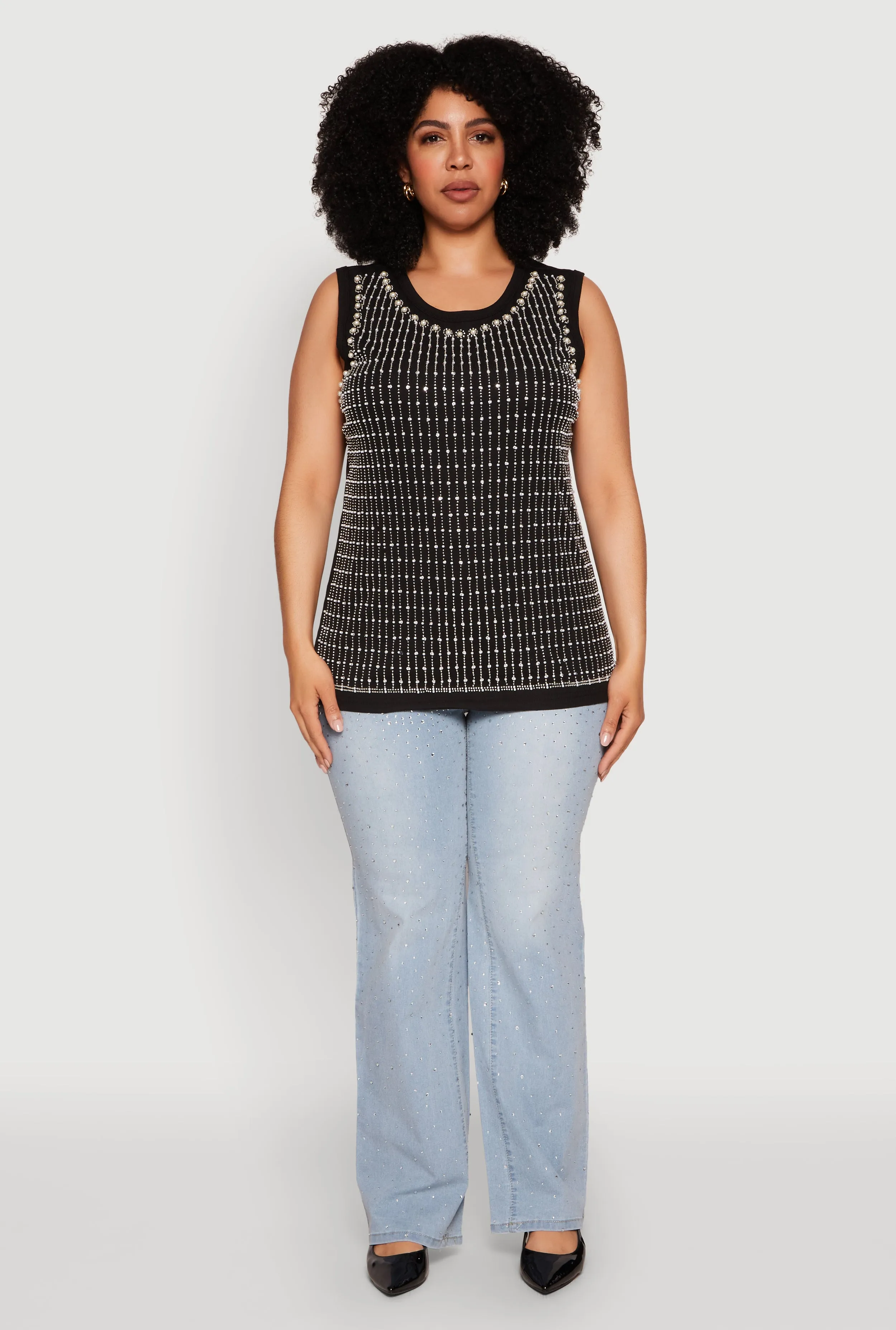 Plus Size Rhinestone Faux Pearl Studded Tank Top sold by Rainbow