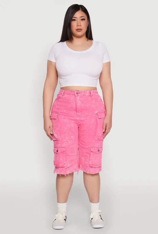 Plus Size Daisy Acid Wash Cargo Bermuda Shorts sold by Rainbow