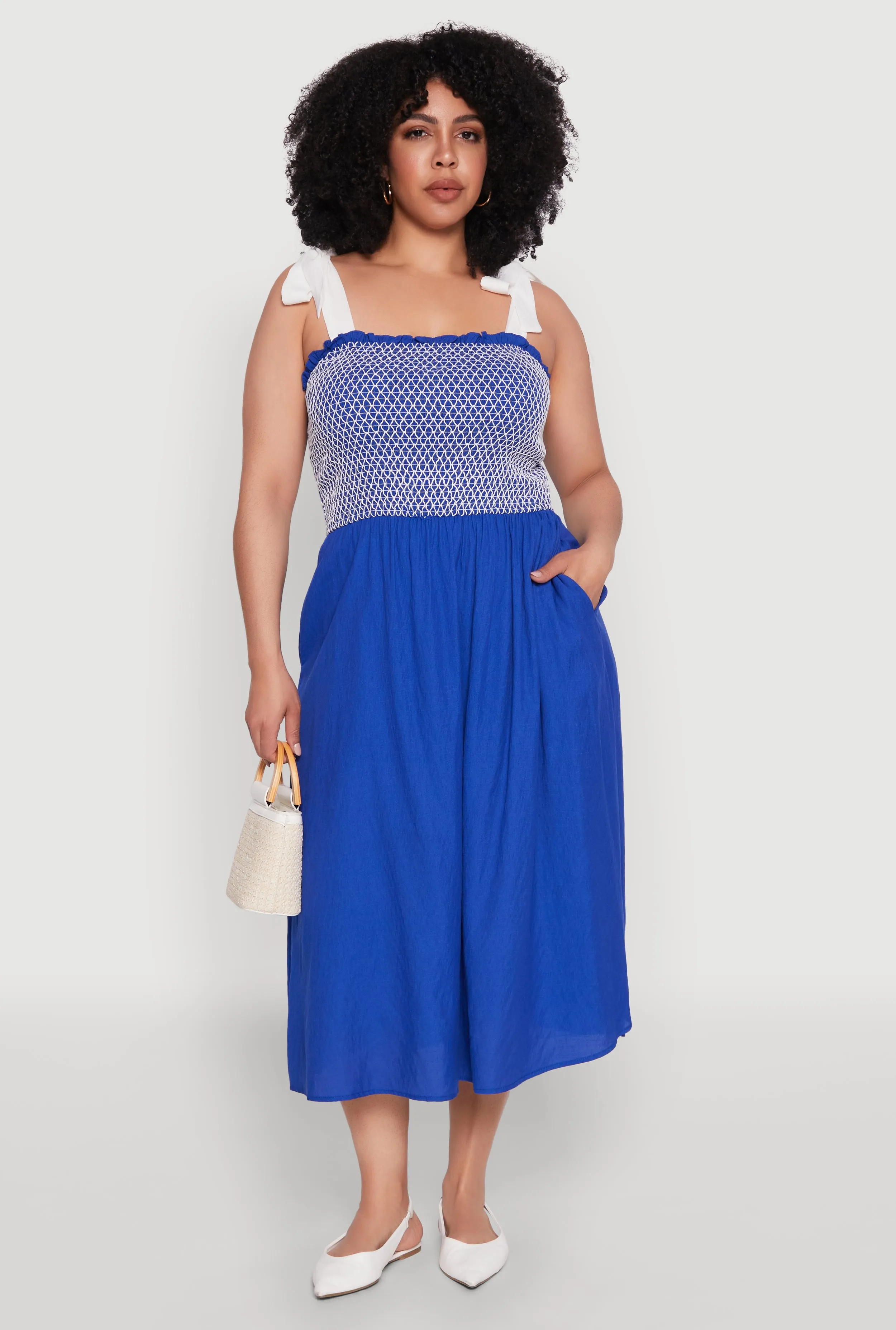 Plus Size Smocked Tie Shoulder Midi Dress sold by Rainbow