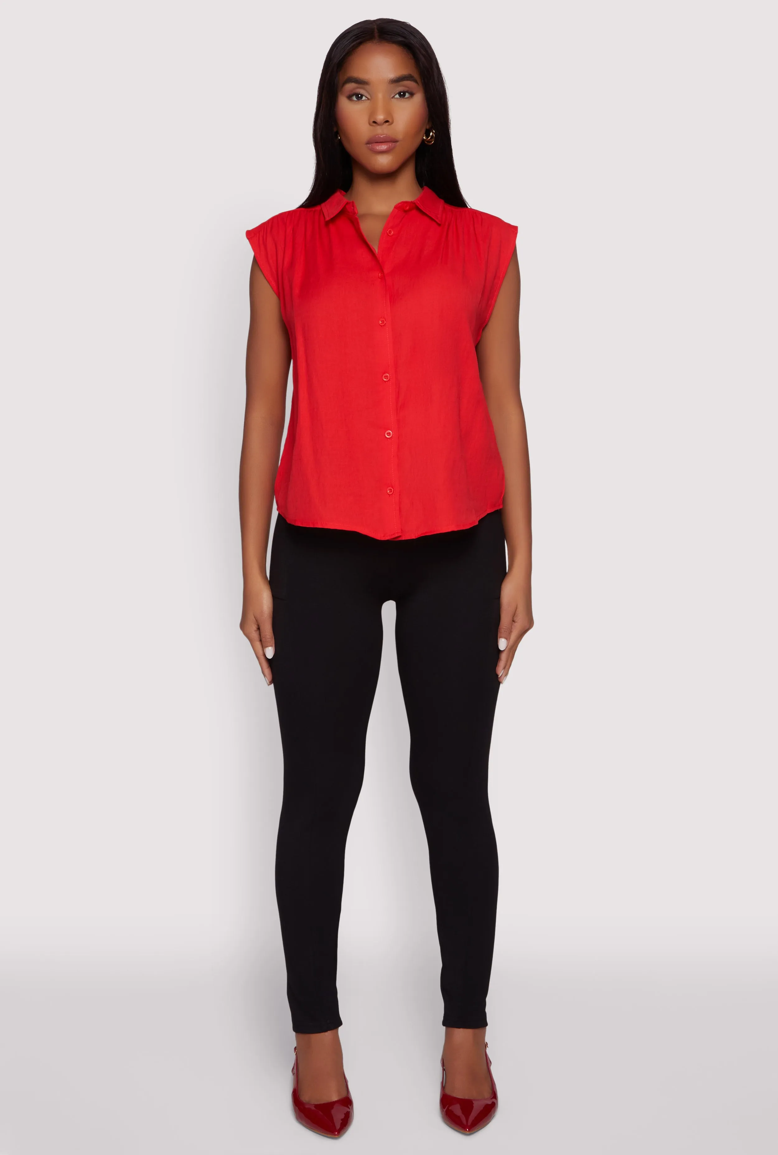 Ruched Sleeve Button Front Shirt sold by Rainbow