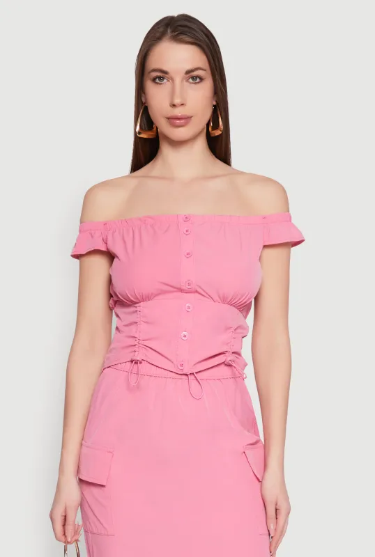 Toggle Drawstring Off The Shoulder Crop Top sold by Rainbow