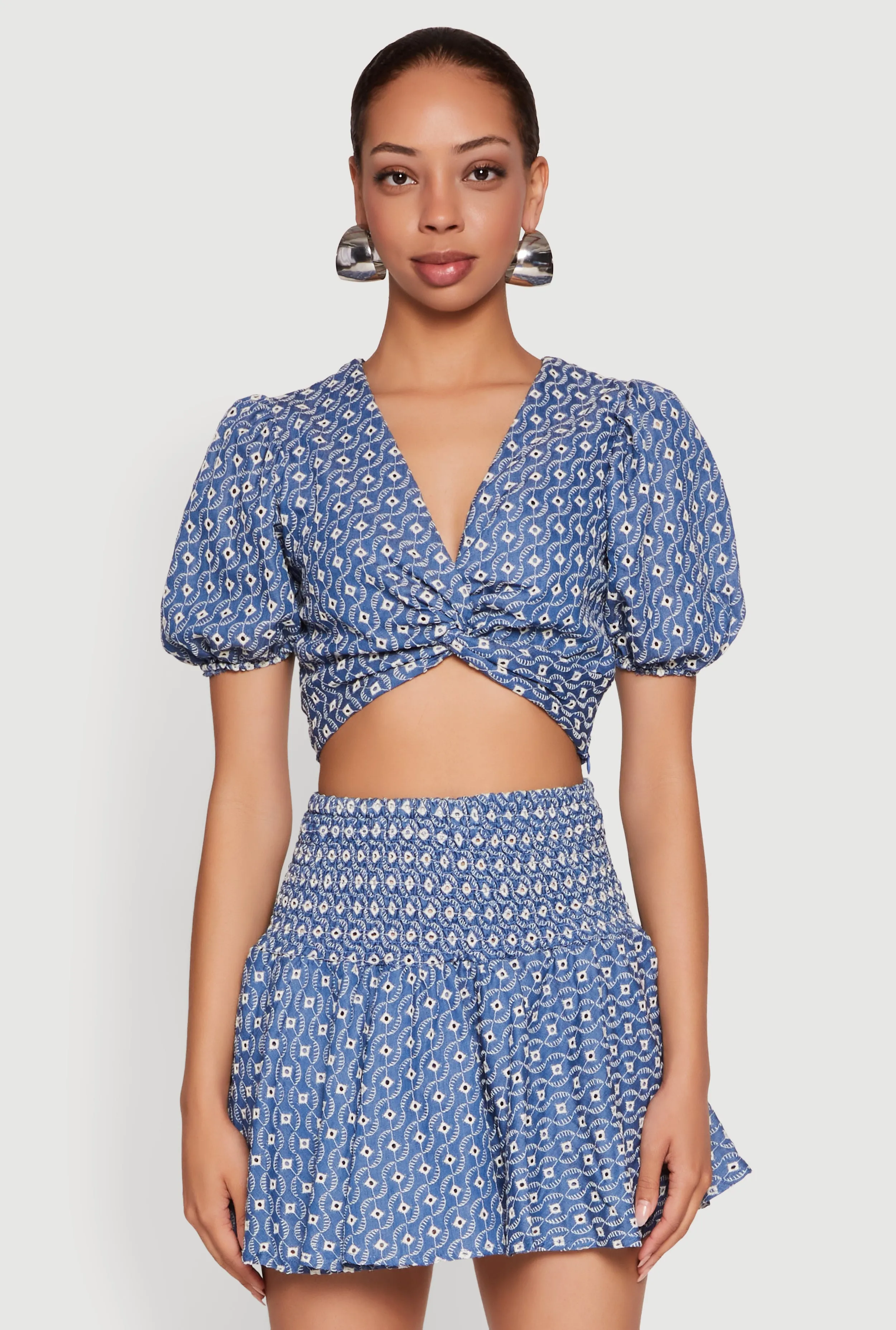 Eyelet Twist Front Puff Sleeve Crop Top sold by Rainbow