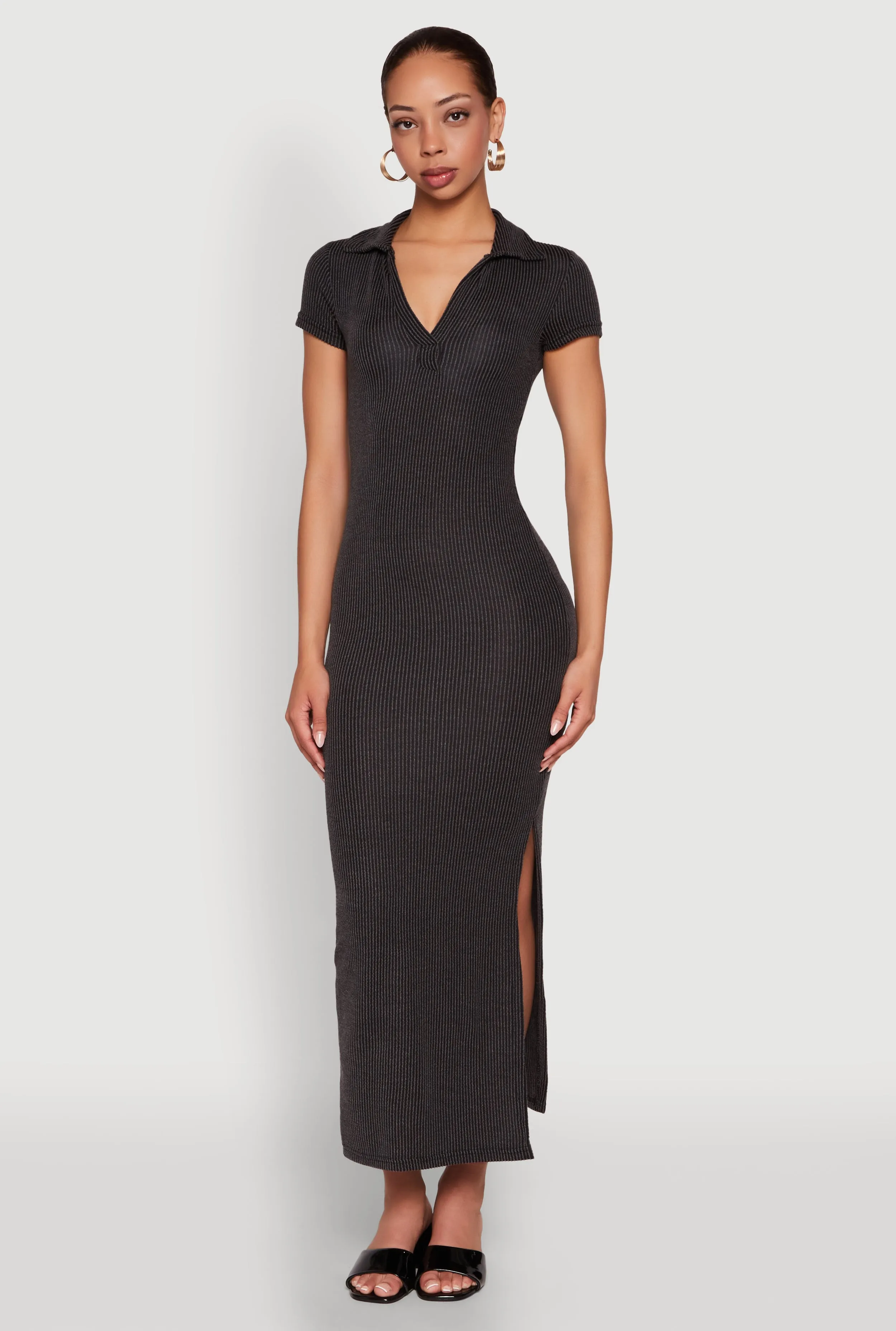 Side Slit Polo Collar Midi Dress sold by Rainbow