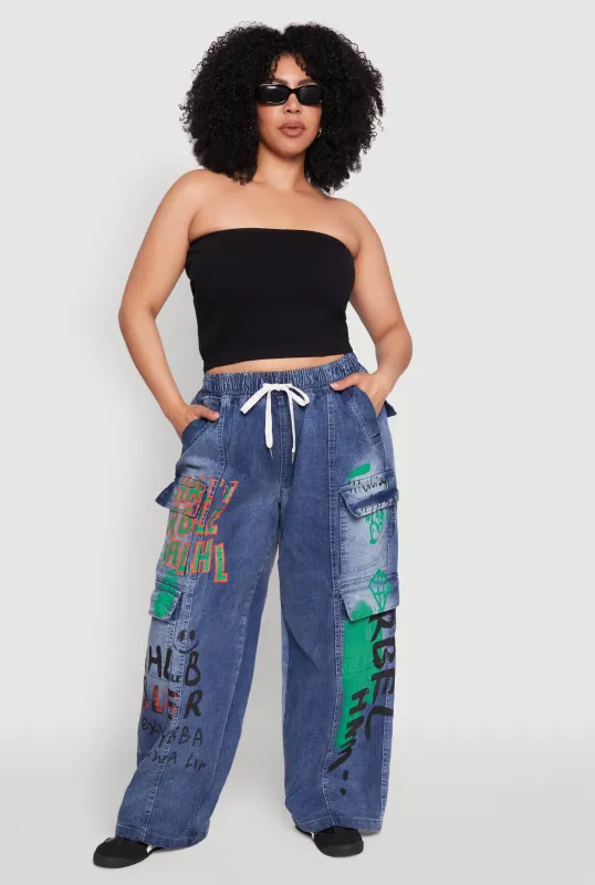 Plus Size Spoon Jeans Graffiti Print Drawstring Cargo Jeans sold by Rainbow