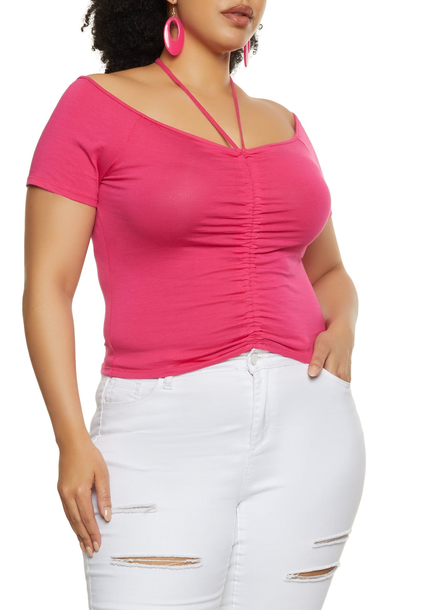 Plus Size Ruched Off the Shoulder Tee sold by Rainbow