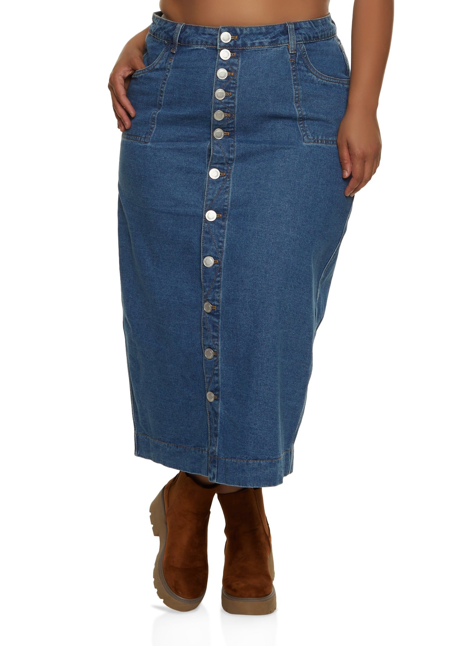 Plus Size Button Front Denim Maxi Skirt sold by Rainbow