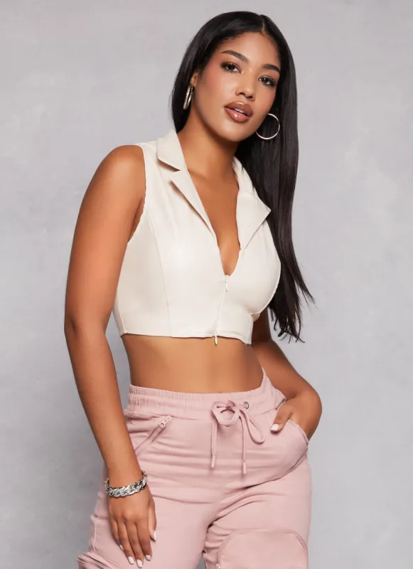 Faux Leather Sleeveless Collared Crop Top sold by Rainbow