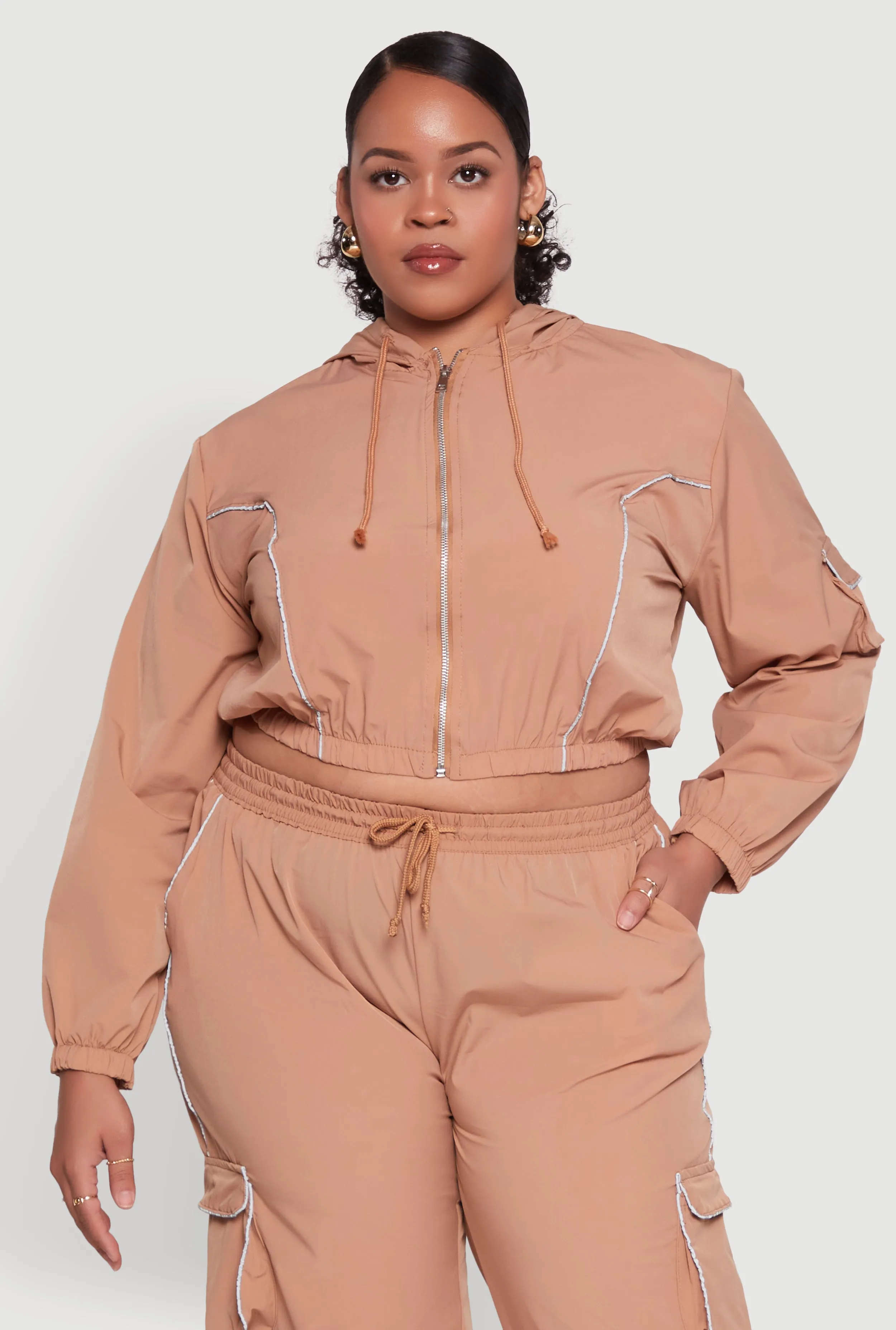 Plus Size Cargo Pocket Sleeve Cropped Track Jacket sold by Rainbow