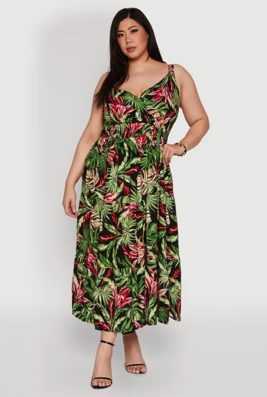 Plus Size Leaf Print Empire Waist Dress sold by Rainbow