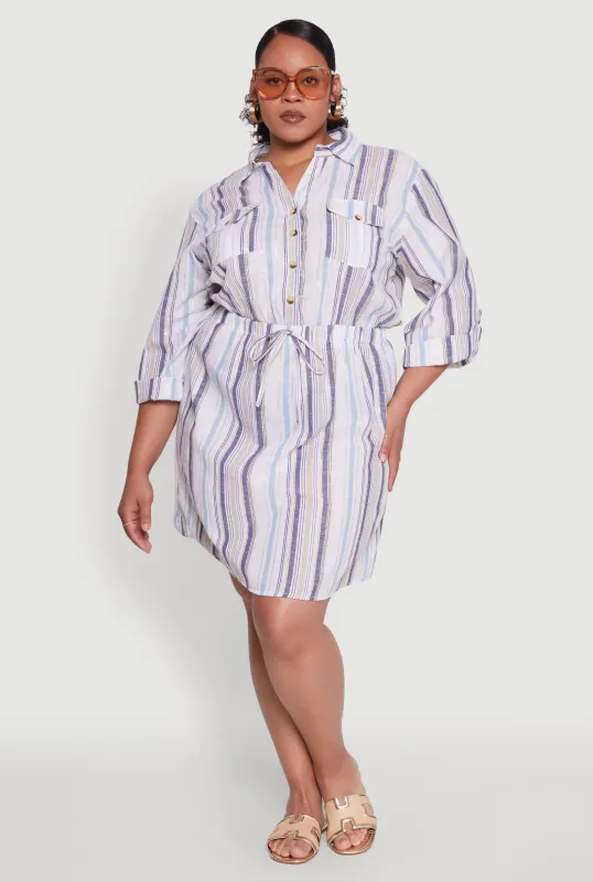 Plus Size Half Button Striped Shirt Dress sold by Rainbow