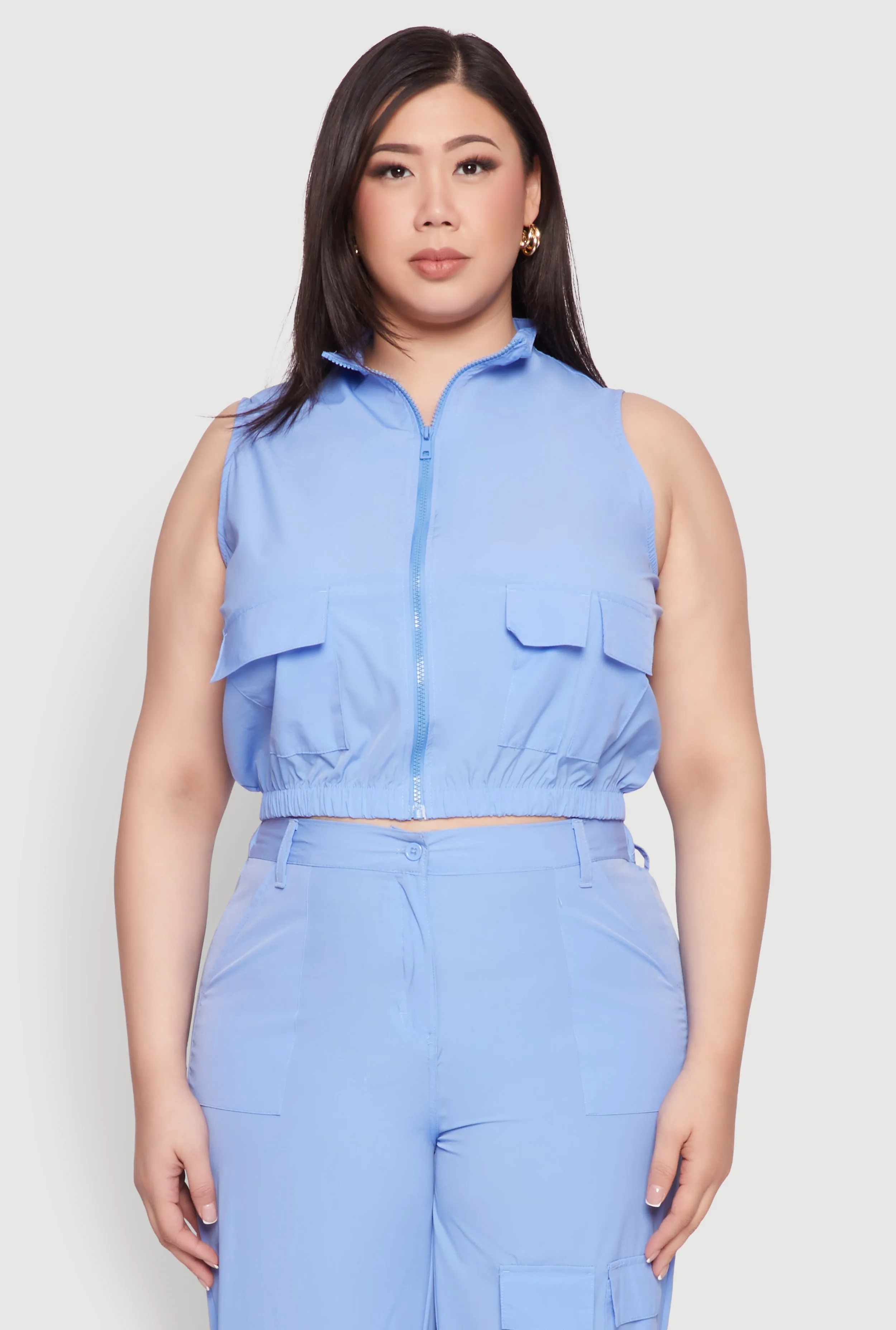 Plus Size Sleeveless Utility Zip Front Top sold by Rainbow