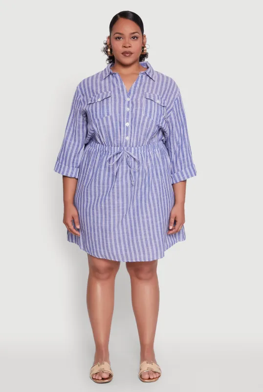 Plus Size Half Button Striped Shirt Dress sold by Rainbow