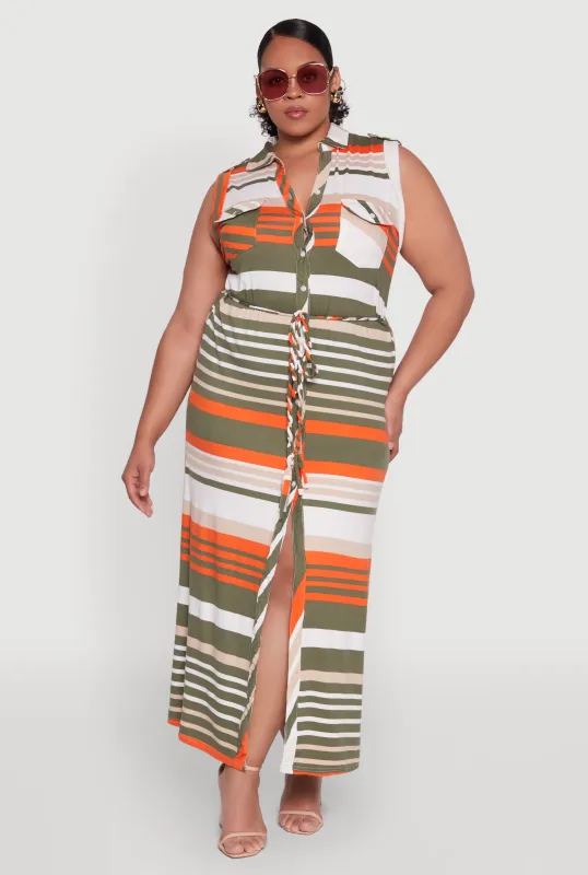 Plus Size Striped Tie Waist Shirt Dress sold by Rainbow