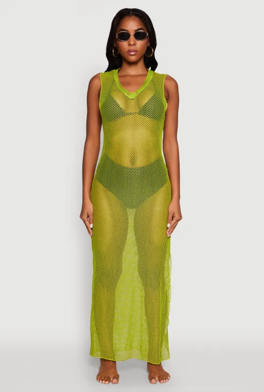 V Neck Side Slit Fishnet Cover Up Dress sold by Rainbow