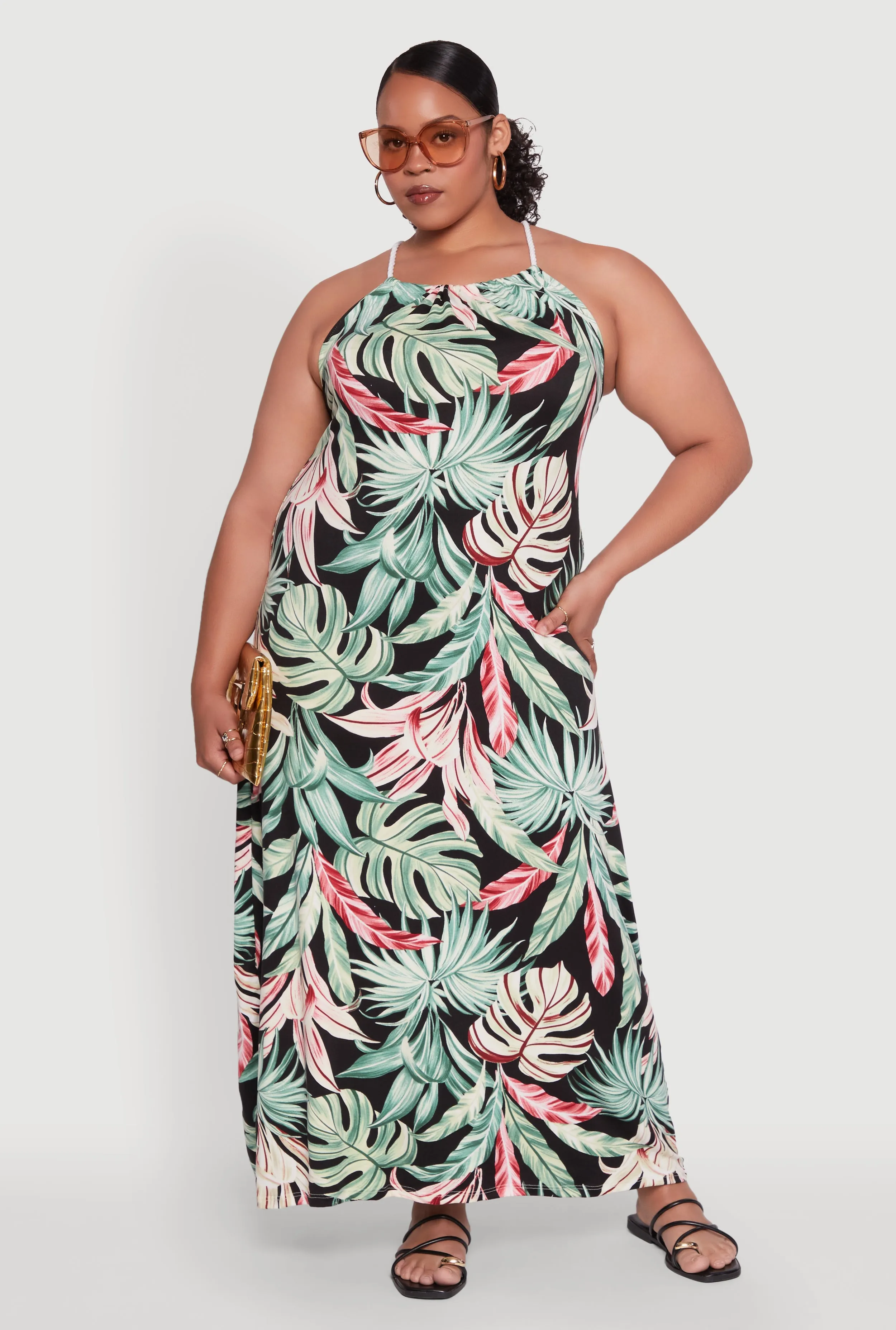 Plus Size Leaf Print Halter Maxi Dress sold by Rainbow