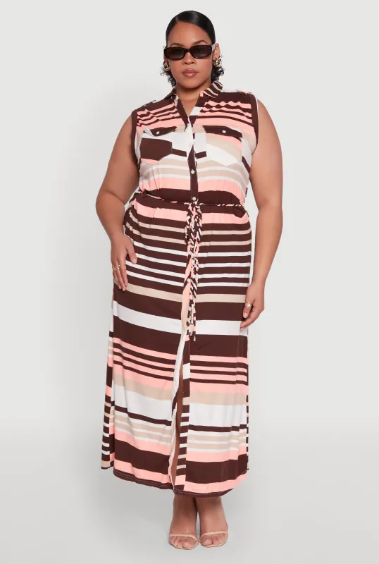 Plus Size Striped Tie Waist Shirt Dress sold by Rainbow