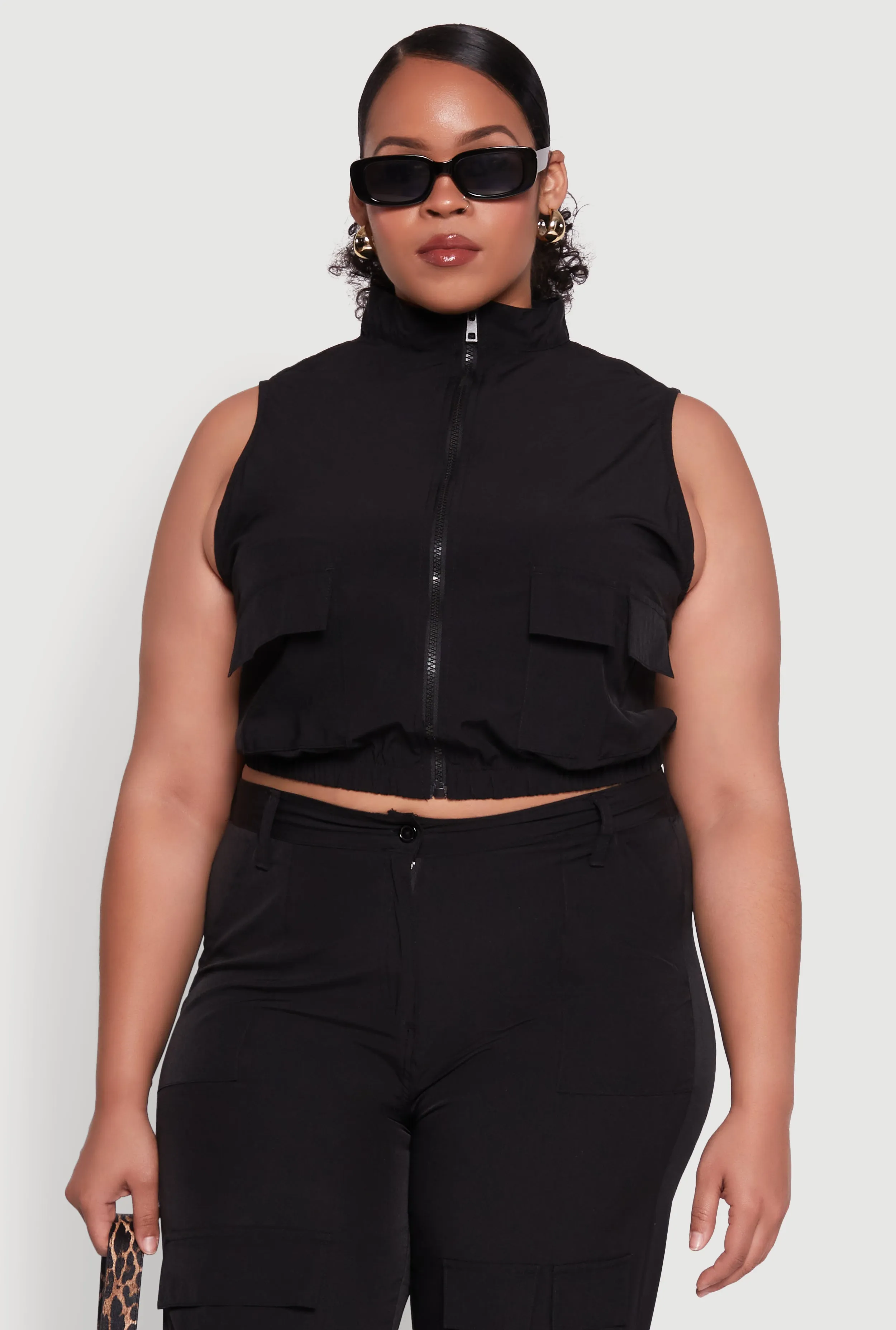 Plus Size Sleeveless Utility Zip Front Top sold by Rainbow