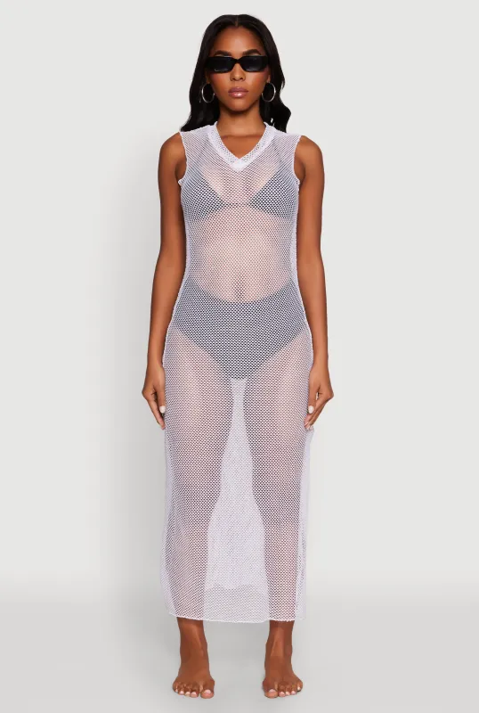 V Neck Side Slit Fishnet Cover Up Dress sold by Rainbow