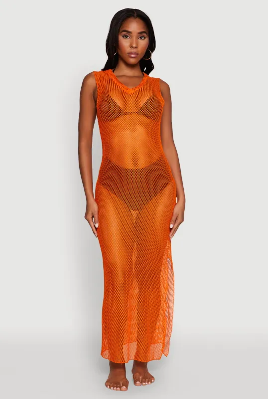 V Neck Side Slit Fishnet Cover Up Dress sold by Rainbow