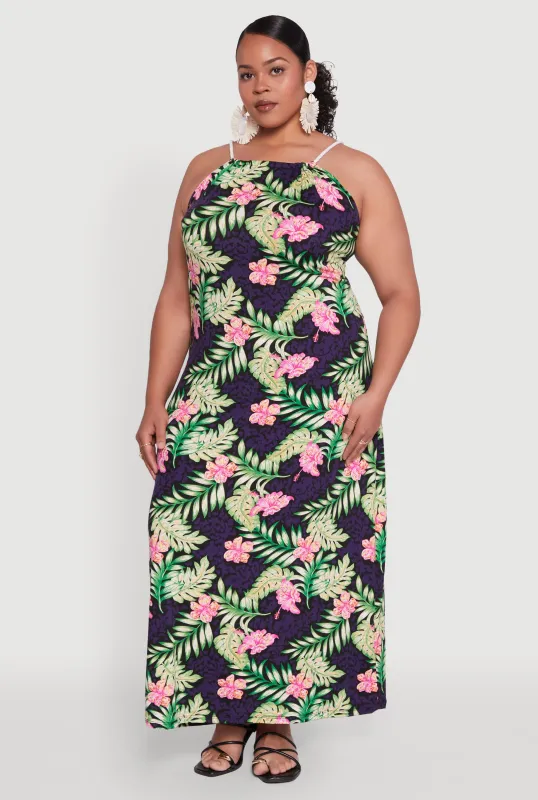 Plus Size Leaf Print Halter Dress sold by Rainbow